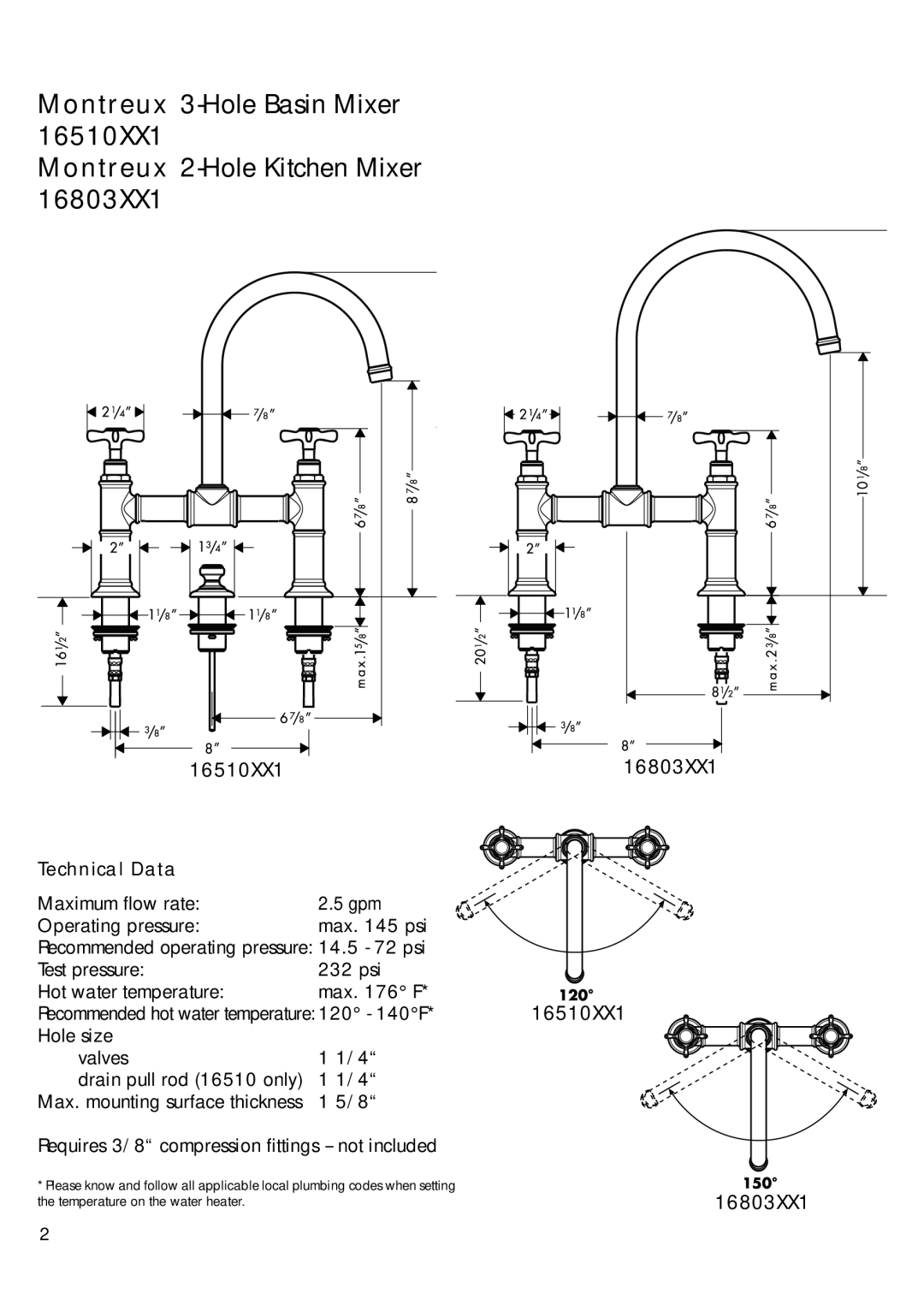 Axor 16510XX1, 16803XX1 installation instructions Montreux 3-Hole Basin Mixer Montreux 2-Hole Kitchen Mixer, Technical Data 