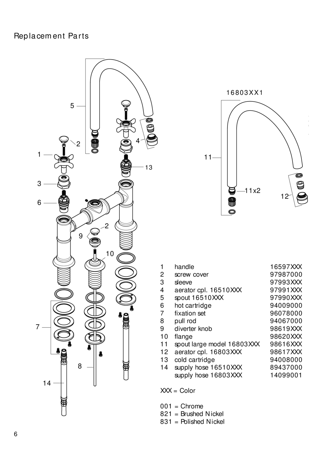 Axor 16510XX1 installation instructions Replacement Parts, 16803XX1 