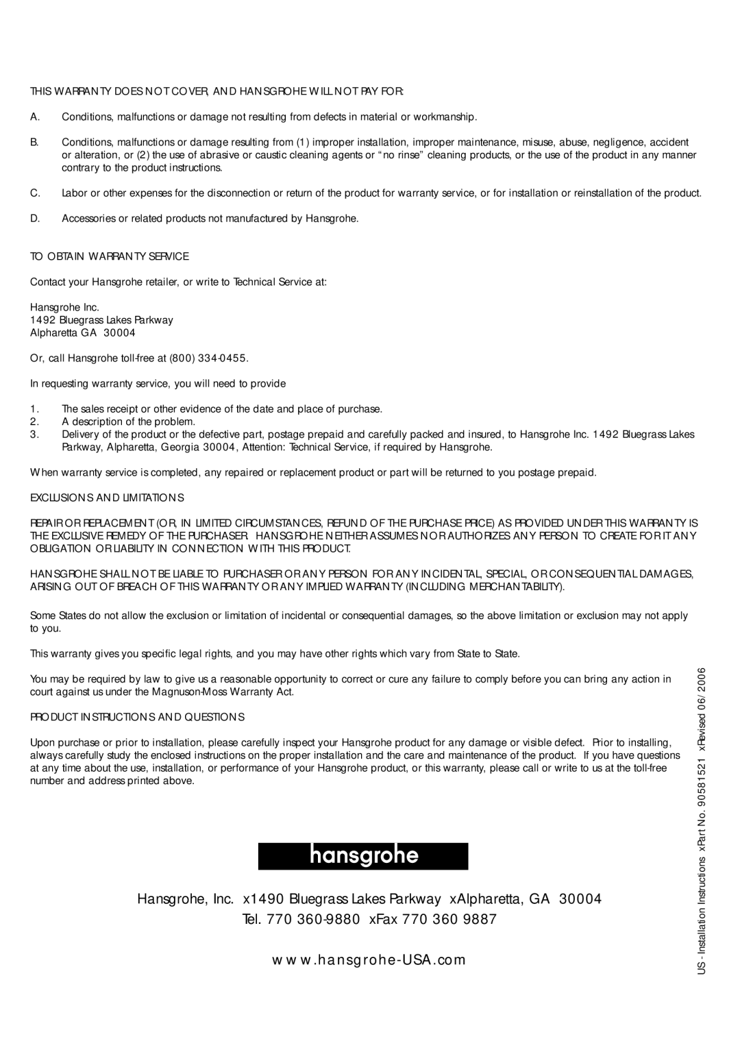 Axor 16510XX1, 16803XX1 installation instructions To Obtain Warranty Service, Product Instructions and Questions 