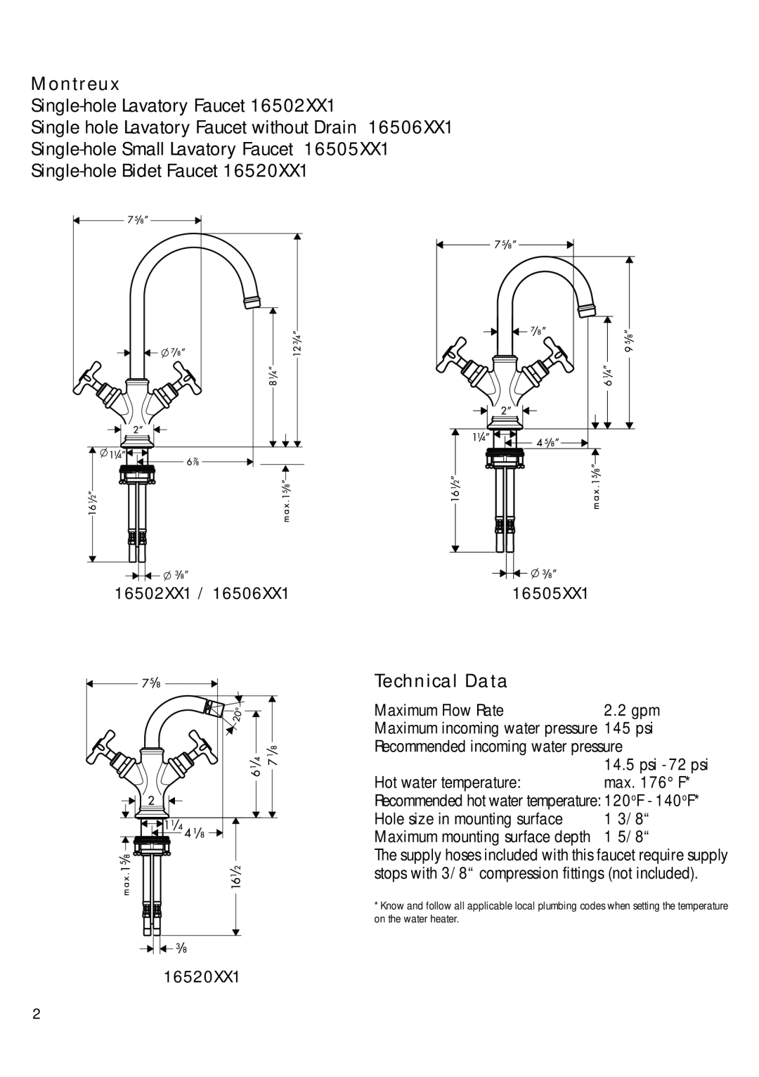 Axor 16520XX1 installation instructions Technical Data, Hole size in mounting surface 