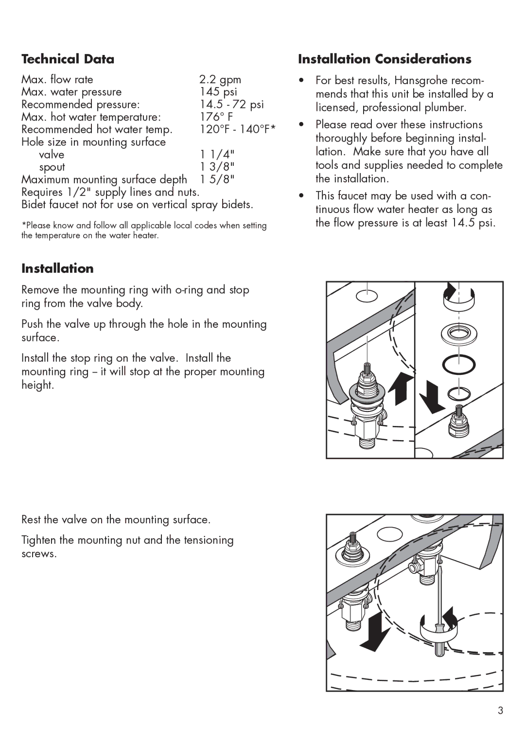 Axor 16514XX1, 16524XX1, 16513XX1, 16523XX1 installation instructions Technical Data, Installation Considerations 