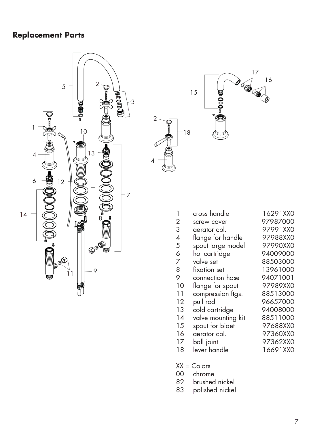 Axor 16514XX1, 16524XX1, 16513XX1, 16523XX1 installation instructions Replacement Parts 