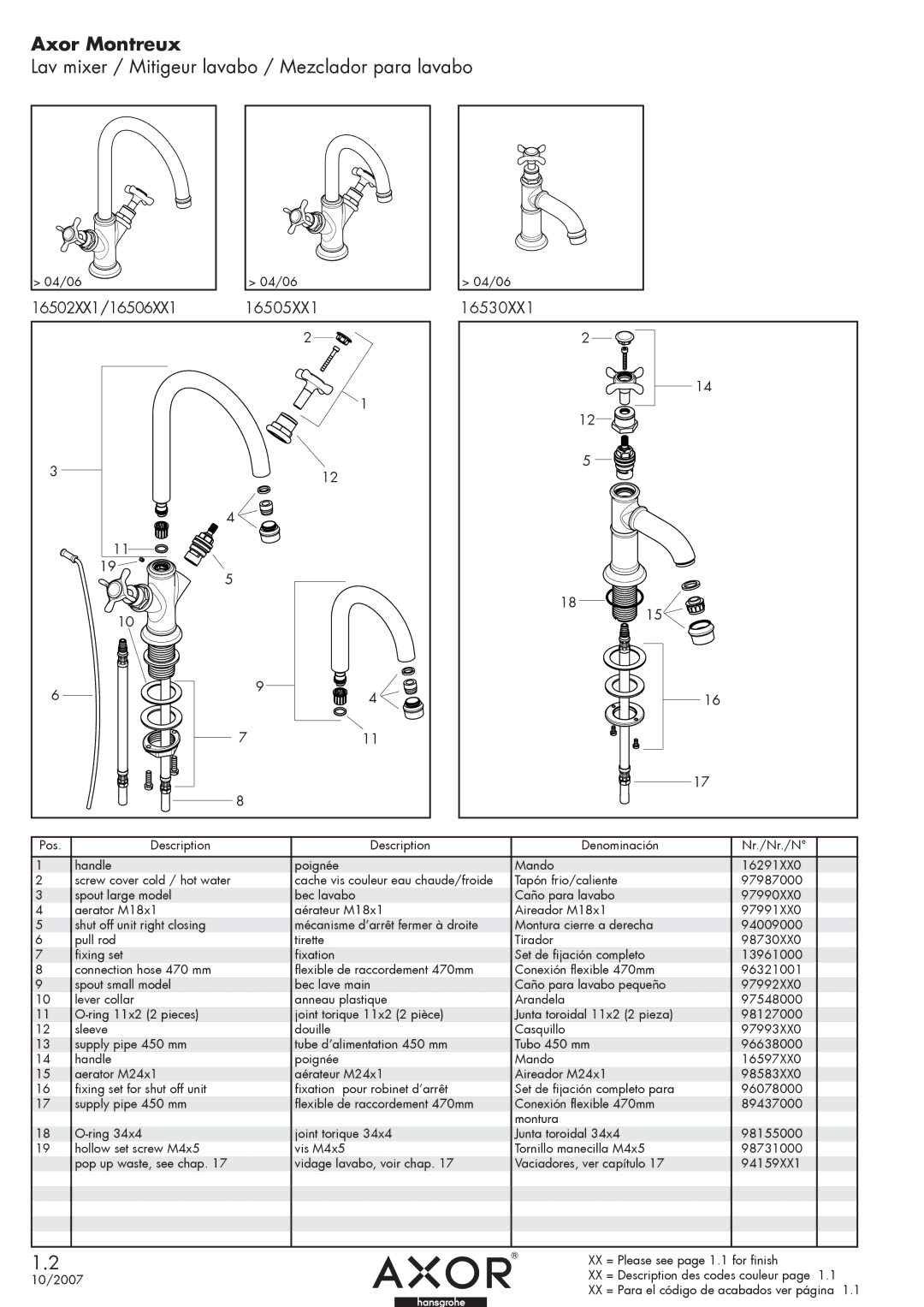 Axor manual Axor Montreux, Lav mixer / Mitigeur lavabo / Mezclador para lavabo, 16502XX1/16506XX1 16505XX1, 16530XX1 