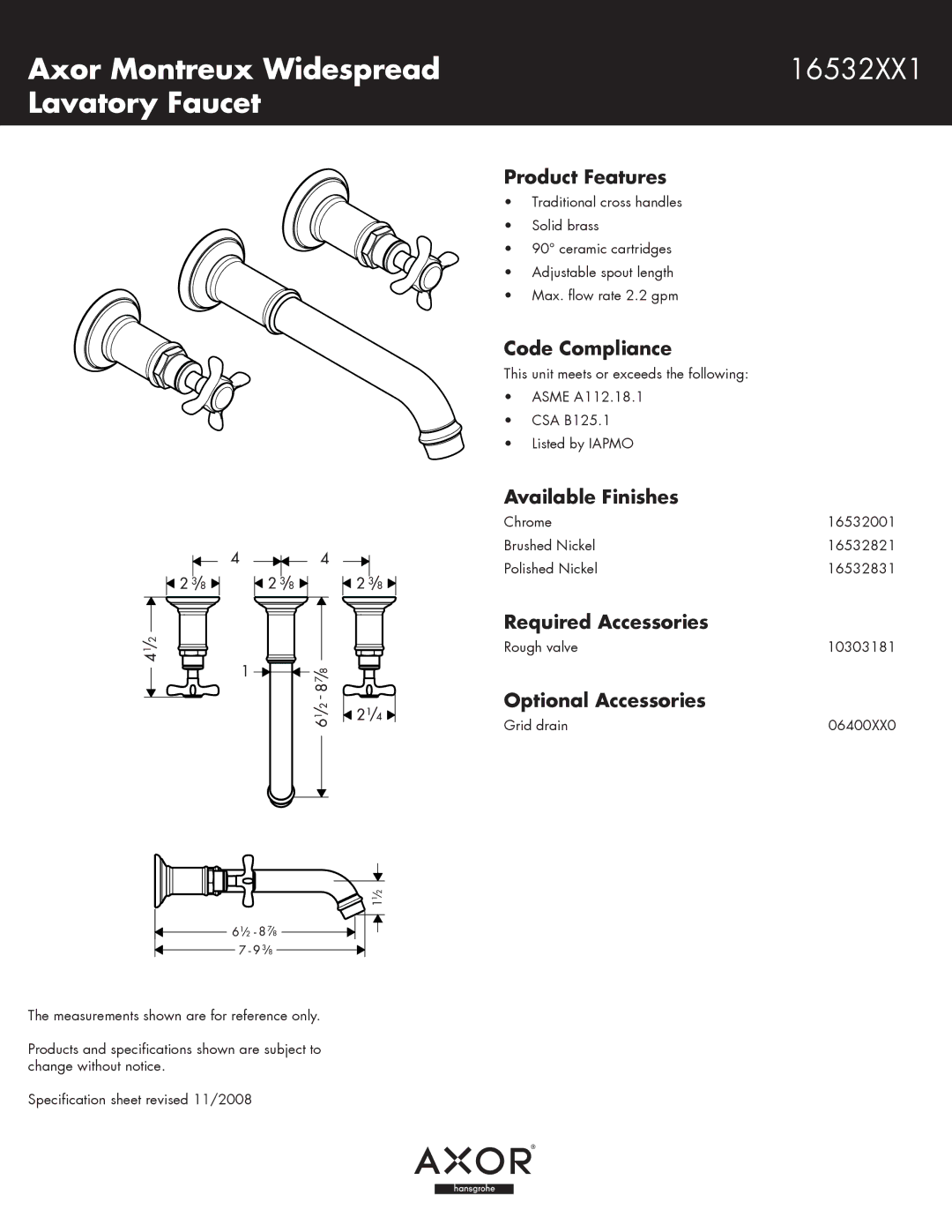 Axor 16532821, 16532831, 16532001, 16532XX1 specifications Axor Montreux Widespread, Lavatory Faucet 