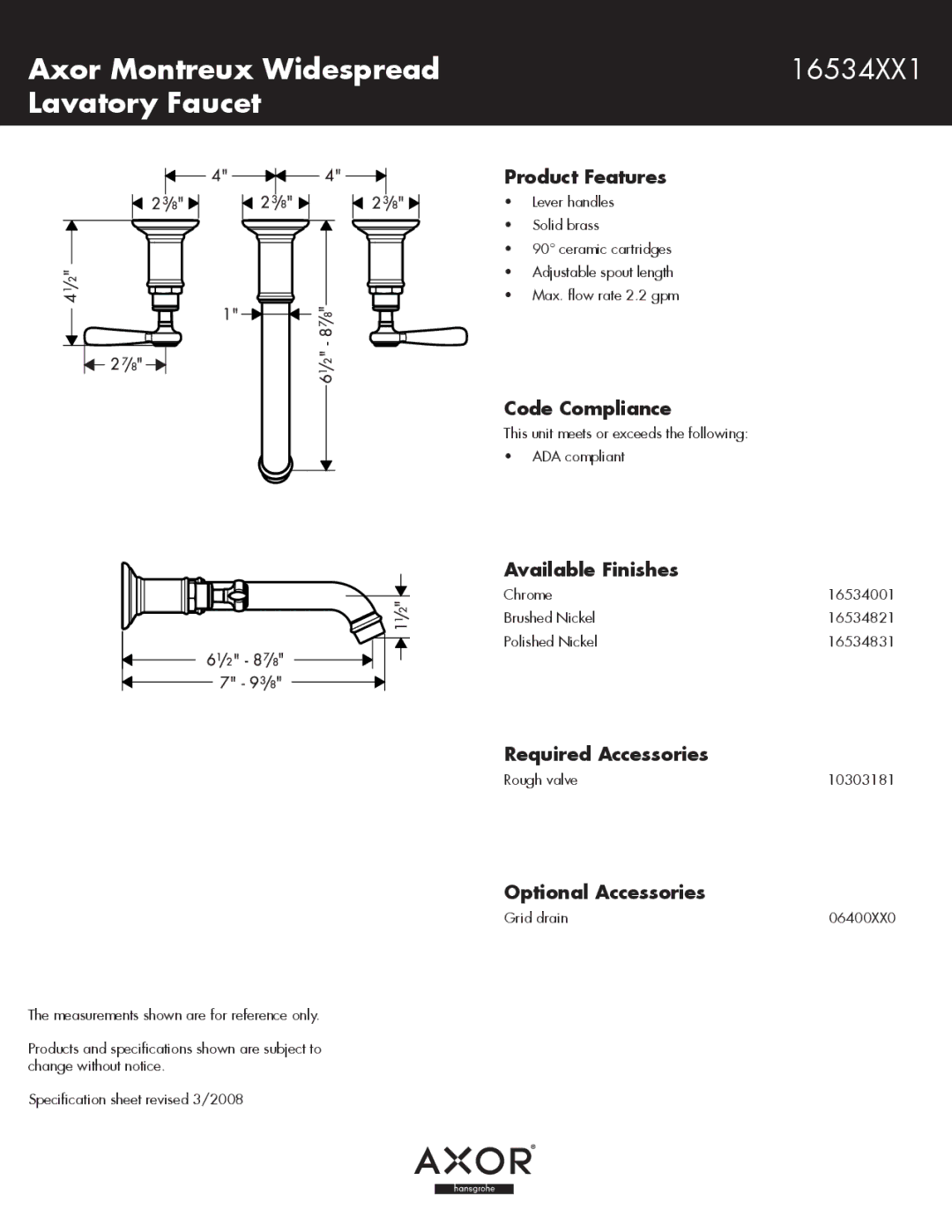 Axor 16534821, 16534001, 16534831 specifications Axor Montreux Widespread 16534XX1 Lavatory Faucet 