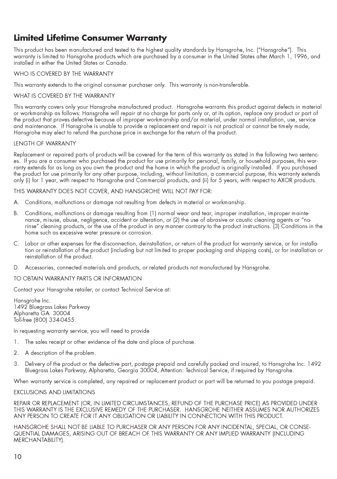 Axor 16534XX1 installation instructions Limited Lifetime Consumer Warranty, WHO is Covered by the Warranty 