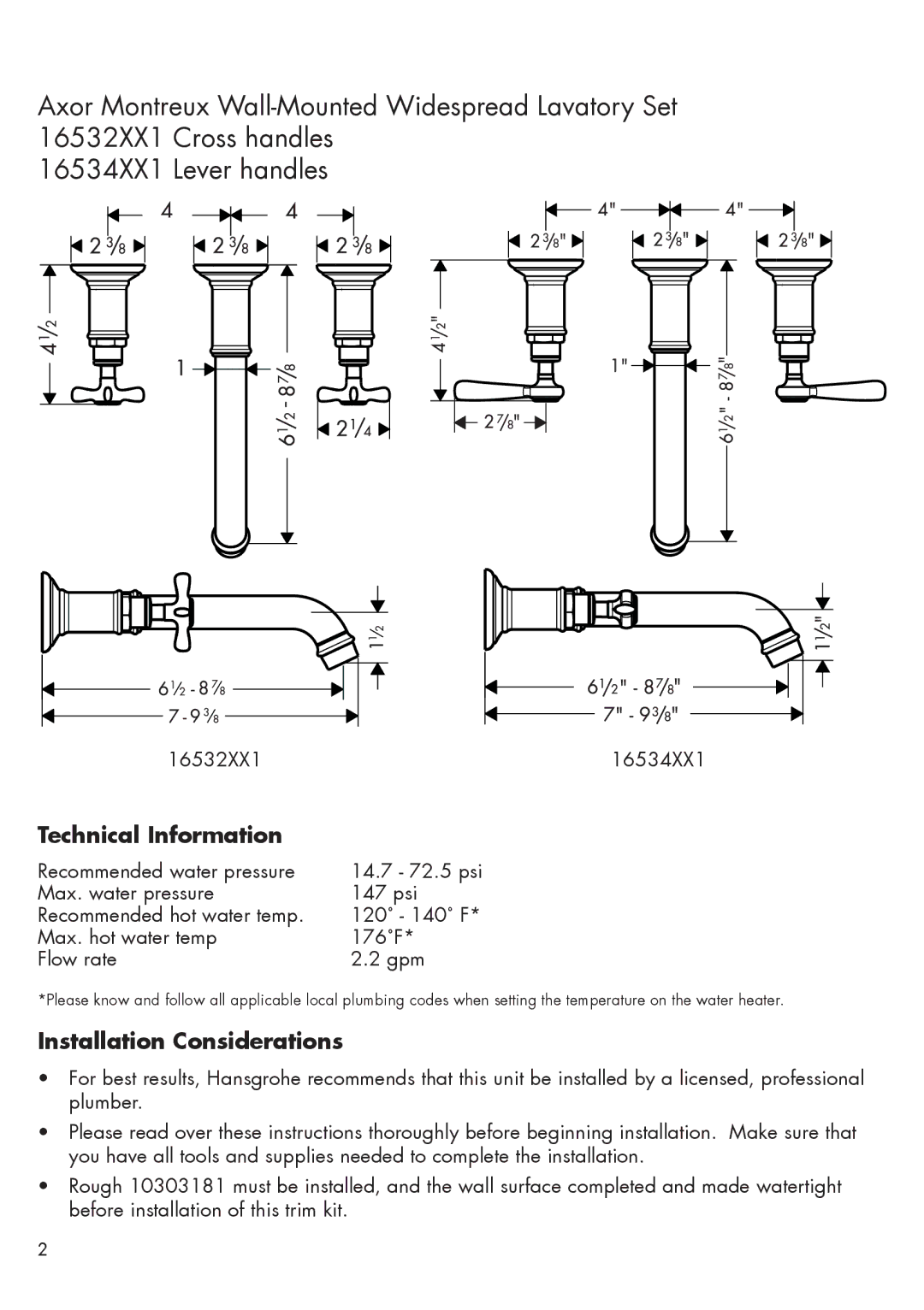 Axor 16534XX1 installation instructions Technical Information, Installation Considerations 