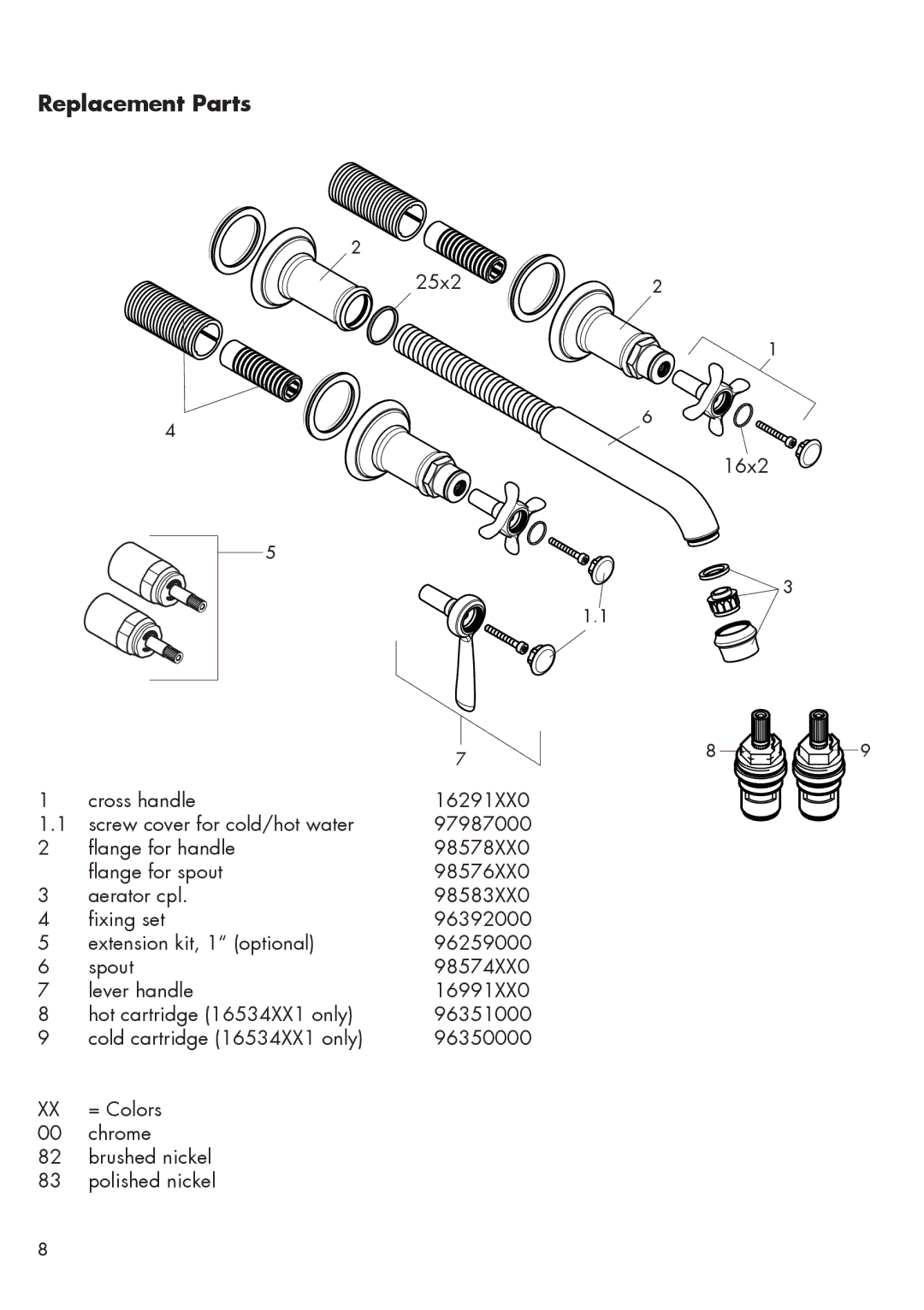 Axor 16534XX1 installation instructions Replacement Parts 