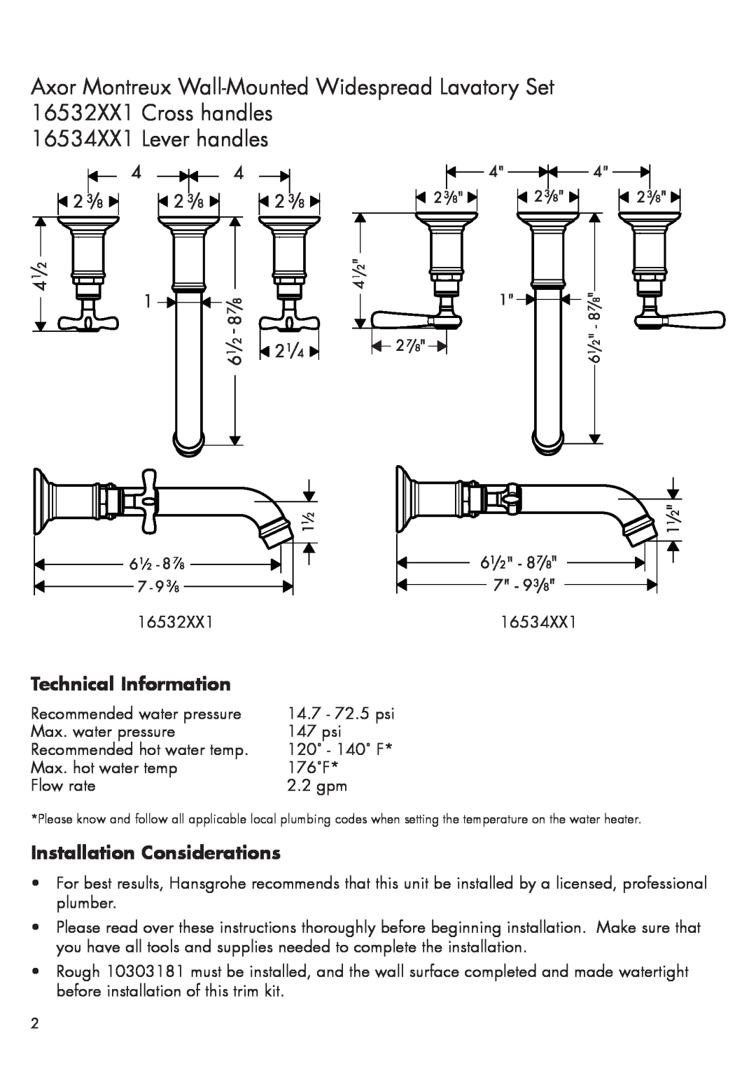 Axor installation instructions Technical Information, Installation Considerations, 16534XX1 Lever handles 