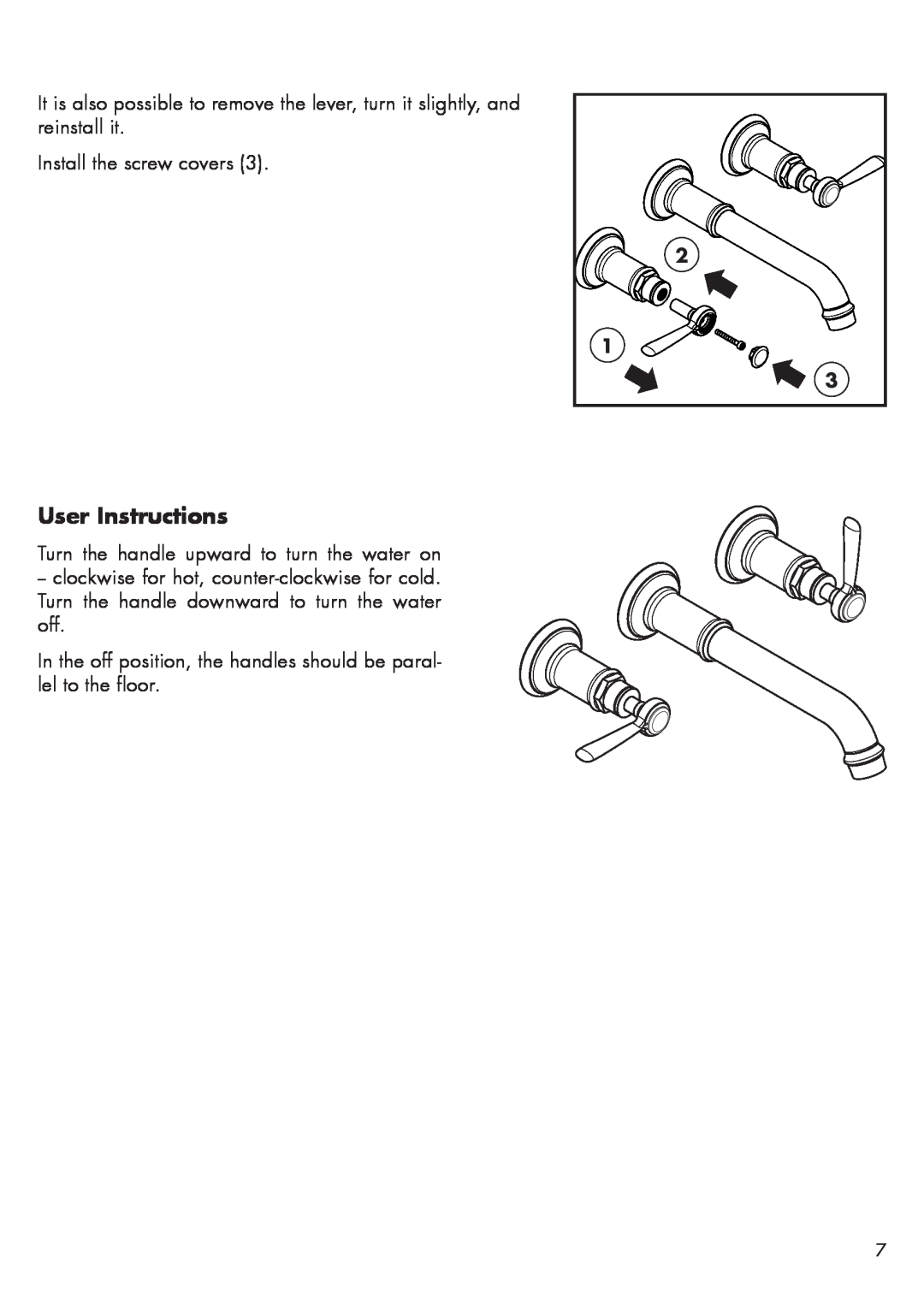 Axor 16534XX1 User Instructions, Install the screw covers, Turn the handle upward to turn the water on 