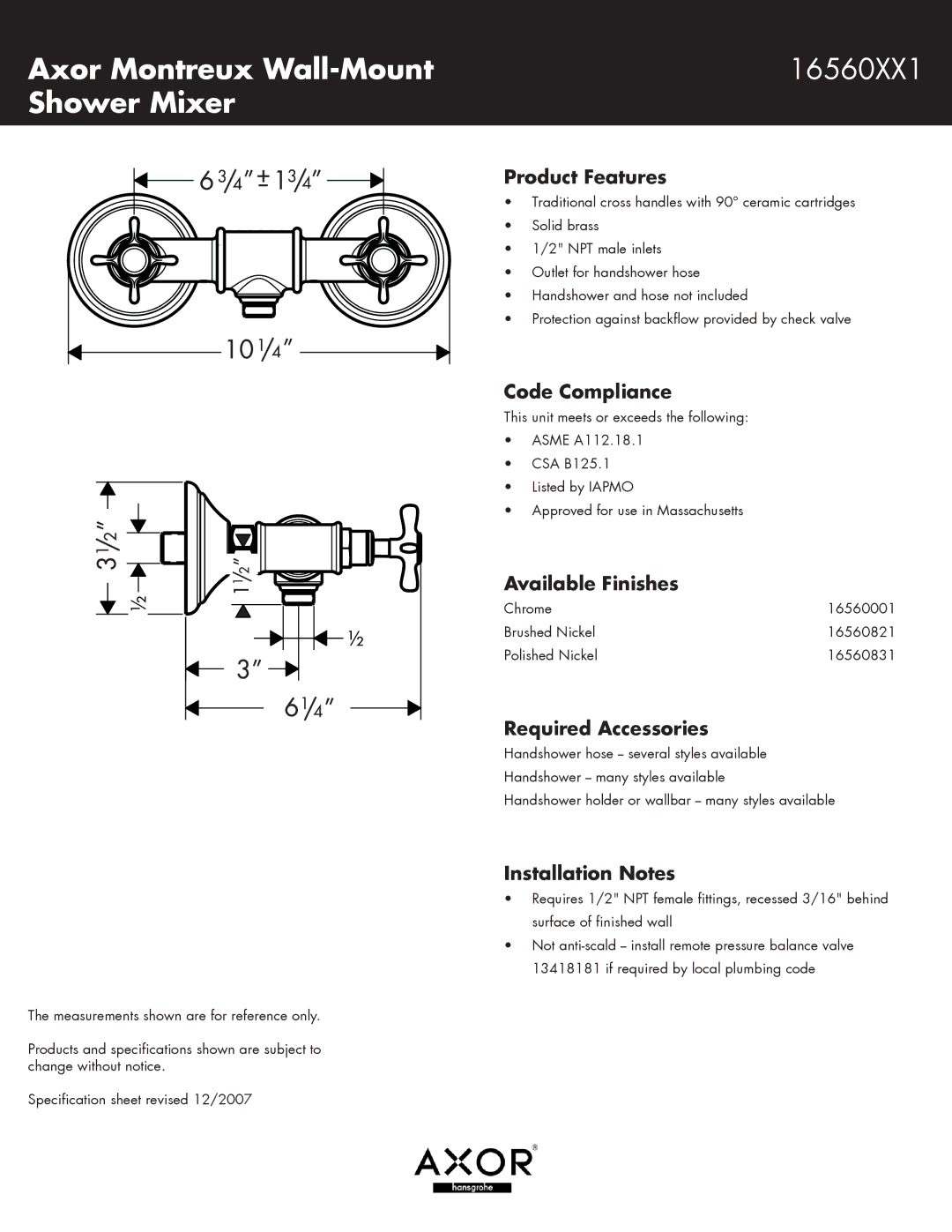 Axor 16560XX1 specifications Axor Montreux Wall-Mount, Shower Mixer 