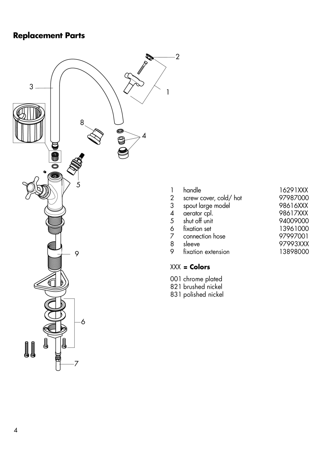 Axor 16802XX1 installation instructions Replacement Parts, XXX = Colors 