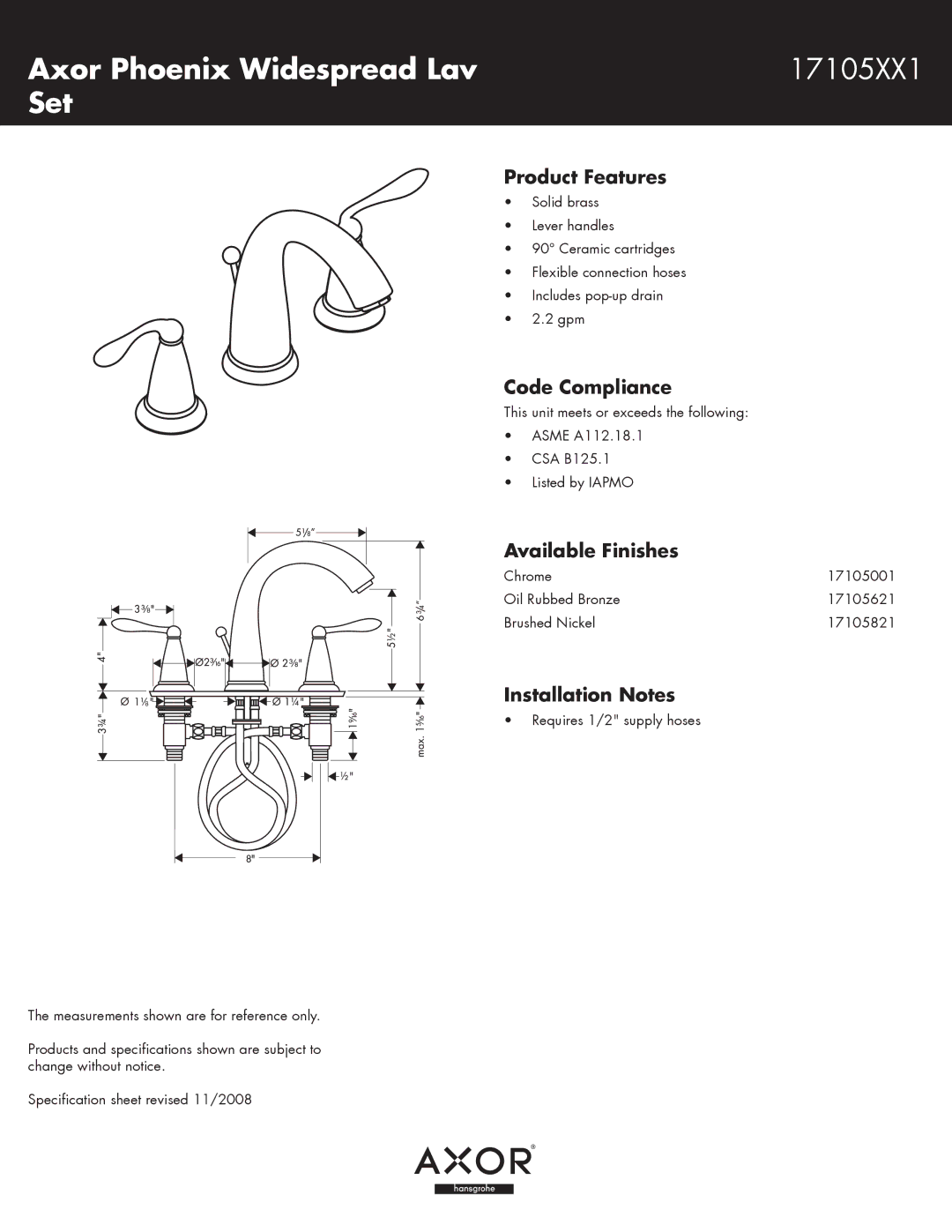 Axor 17105621, 17105821, 17105001 specifications Axor Phoenix Widespread Lav, Set 