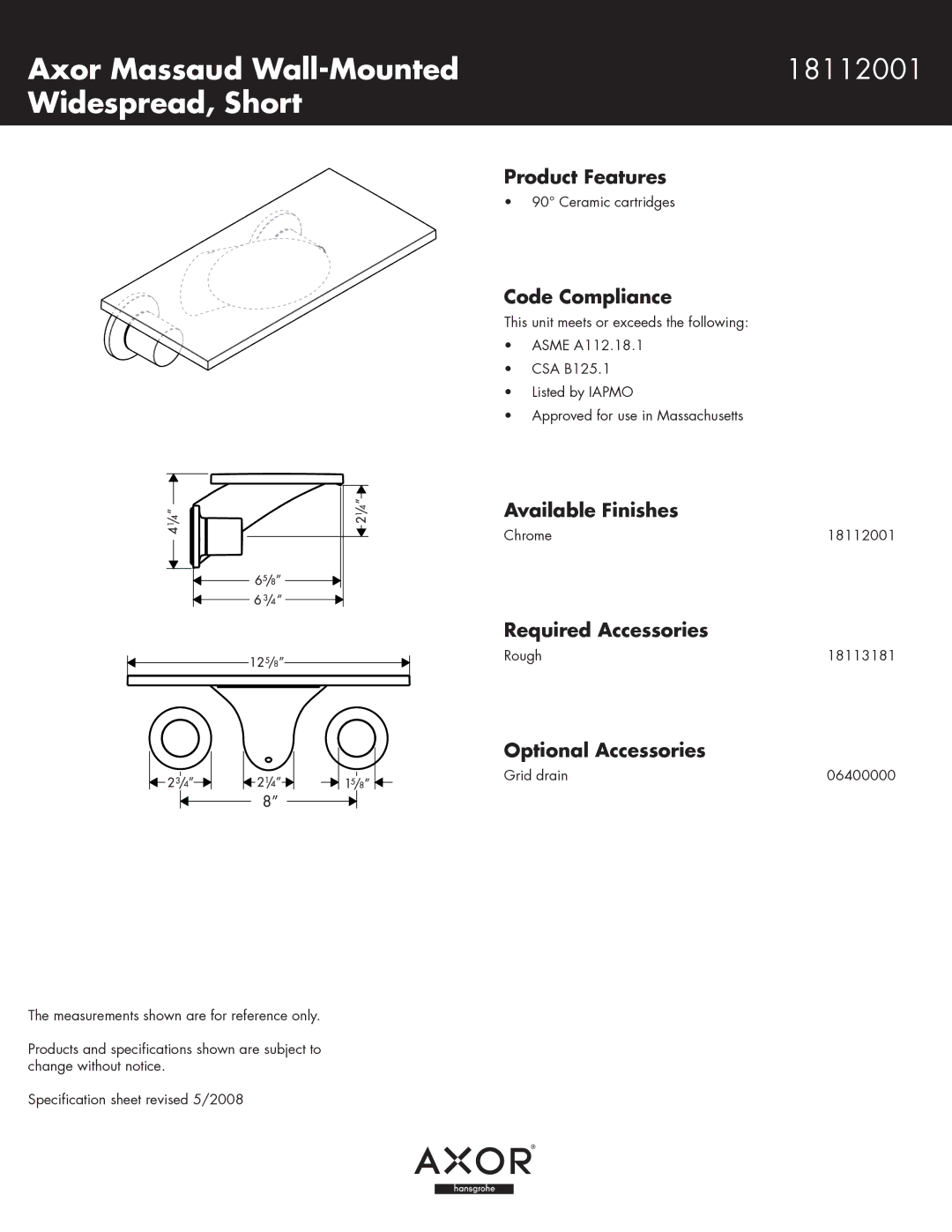 Axor specifications Axor Massaud Wall-Mounted 18112001 Widespread, Short 