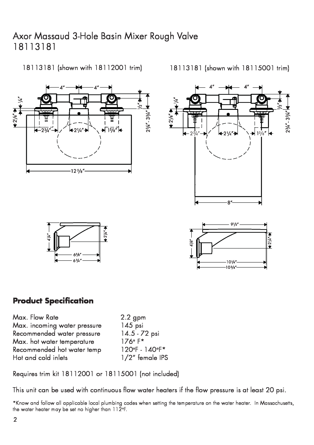 Axor 18113181 installation instructions Product Specification, Axor Massaud 3-Hole Basin Mixer Rough Valve 