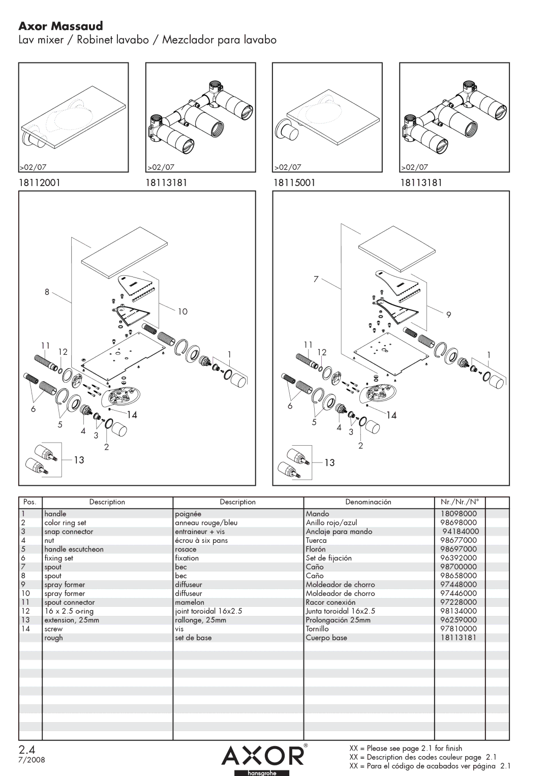 Axor 18115001 manual Axor Massaud, Lav mixer / Robinet lavabo / Mezclador para lavabo, 18112001 18113181 