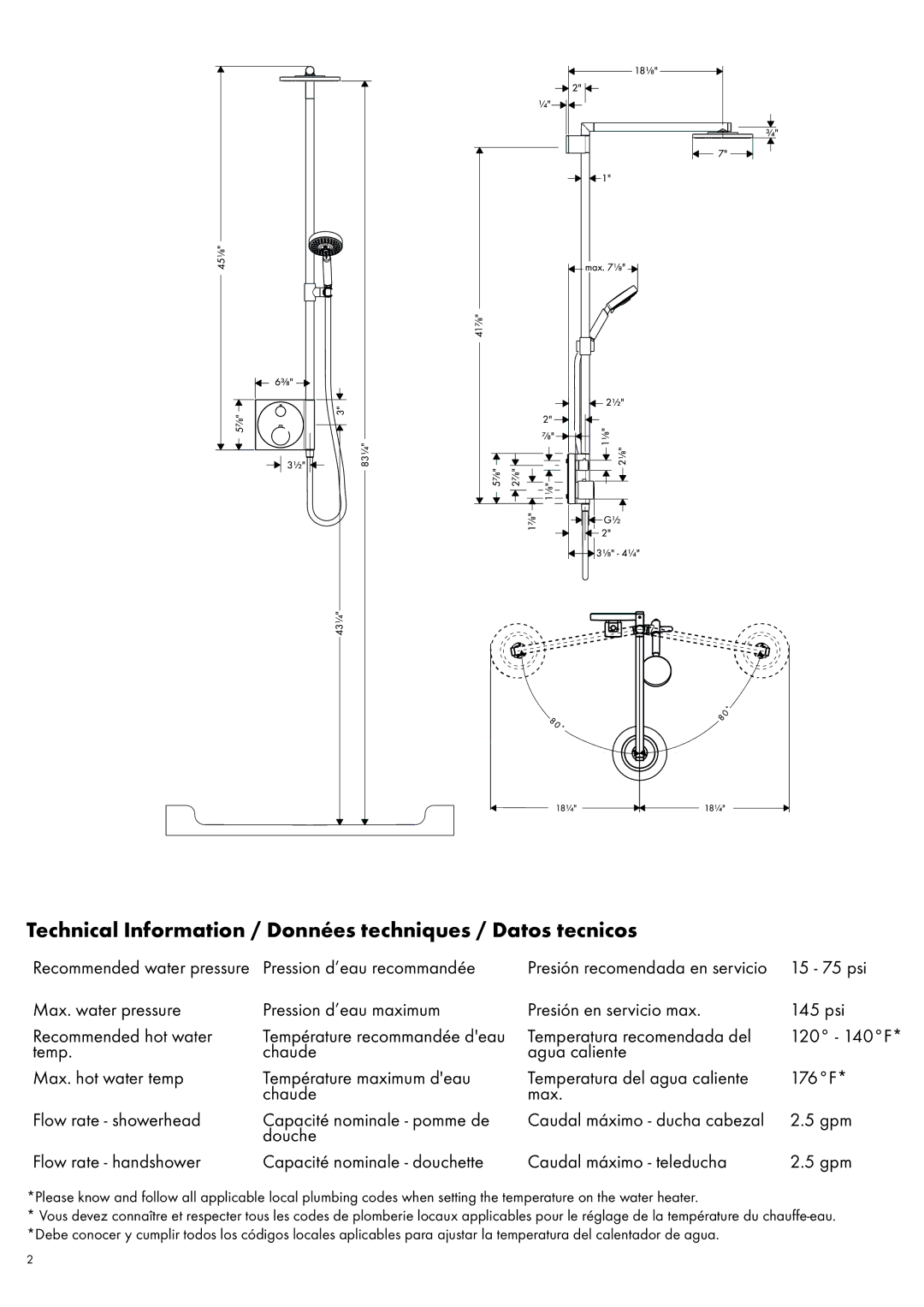 Axor 27192XX1 manual Technical Information / Données techniques / Datos tecnicos 