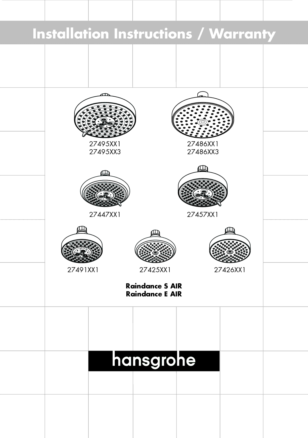 Axor 27426XX1, 27486XX3, 27495XX3 installation instructions Installation Instructions / Warranty 