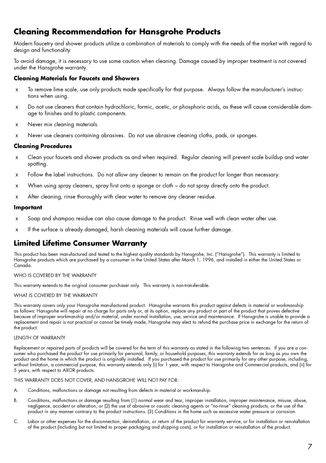 Axor 27426XX1, 27486XX3 Cleaning Recommendation for Hansgrohe Products, WHO is Covered by the Warranty, Length of Warranty 