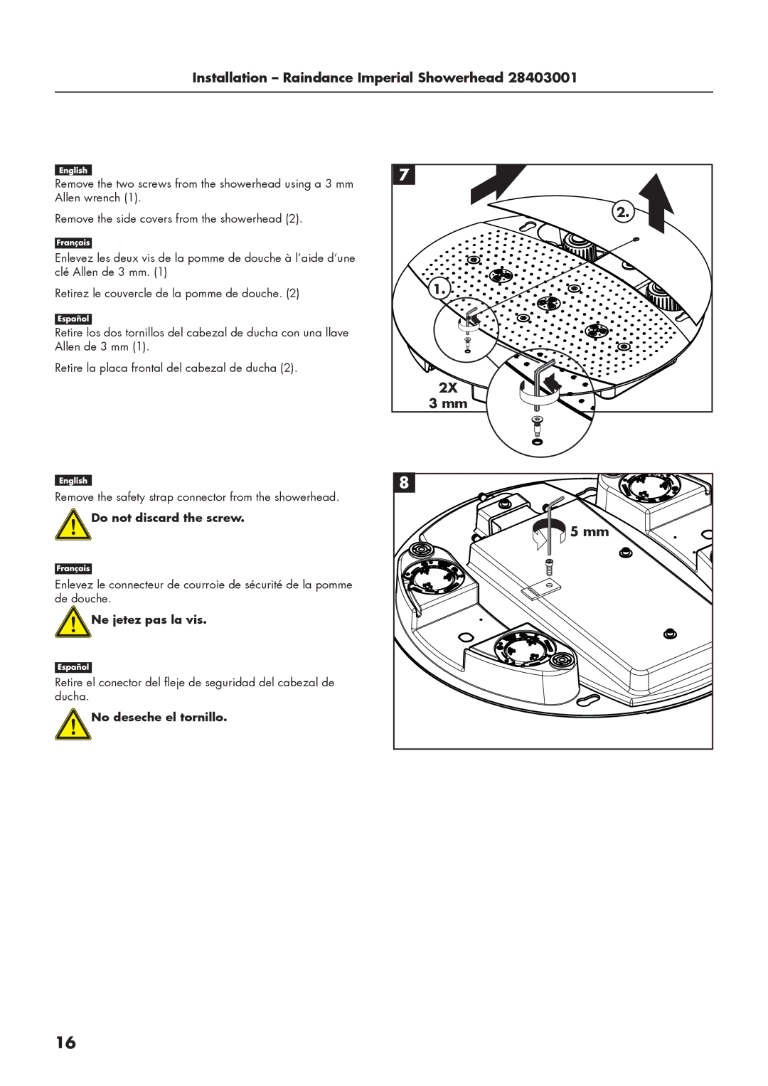 Axor 28403001, 28412181 installation instructions Do not discard the screw 