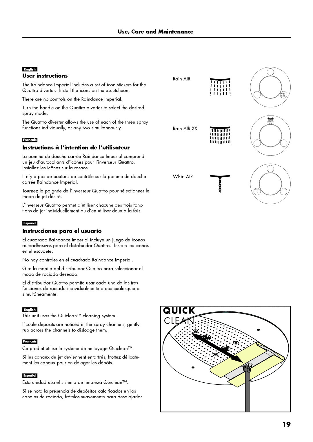 Axor 28412181, 28403001 Use, Care and Maintenance User instructions, Instructions à l’intention de l’utilisateur 