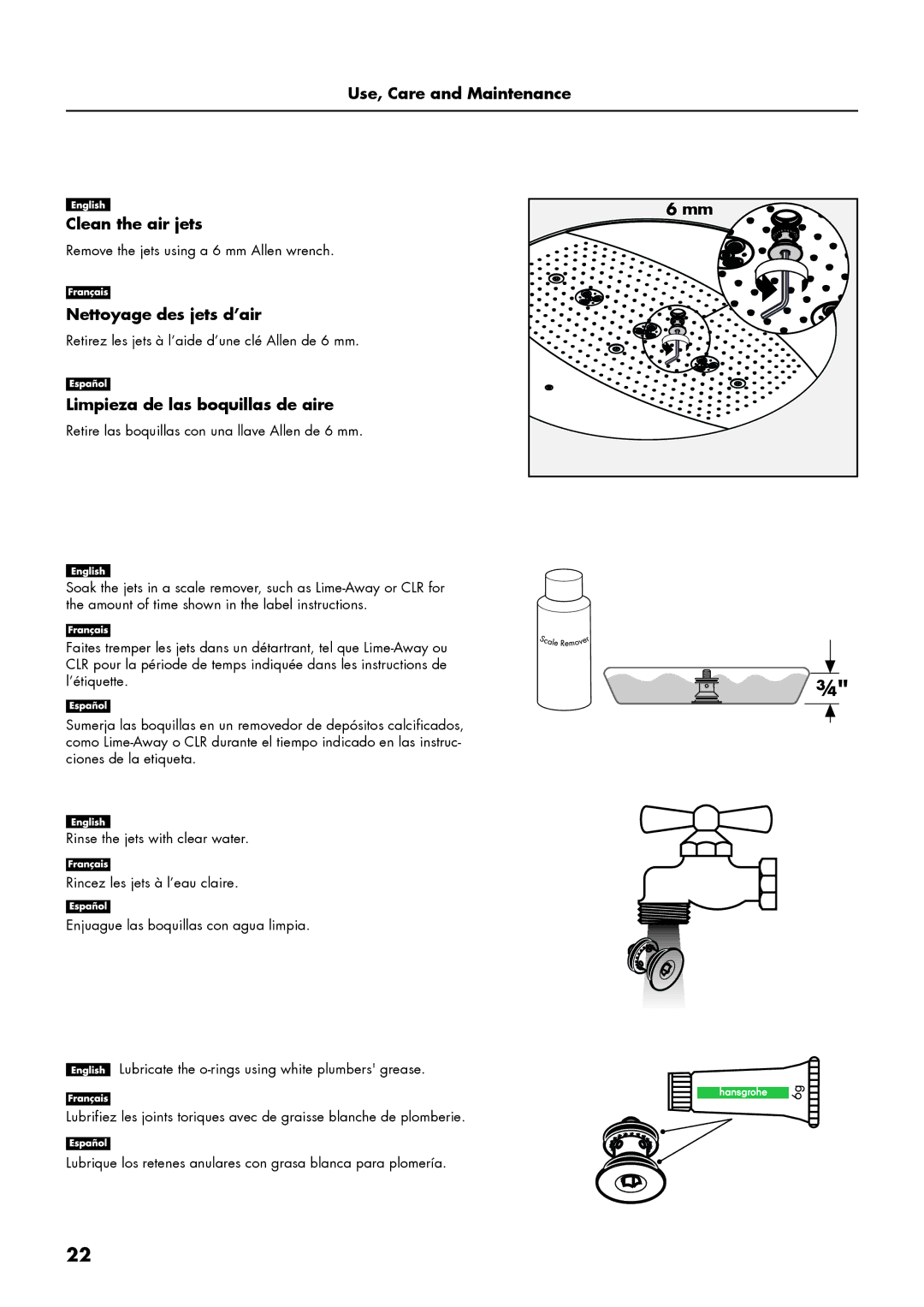 Axor 28403001 Use, Care and Maintenance Clean the air jets, Nettoyage des jets d’air, Limpieza de las boquillas de aire 