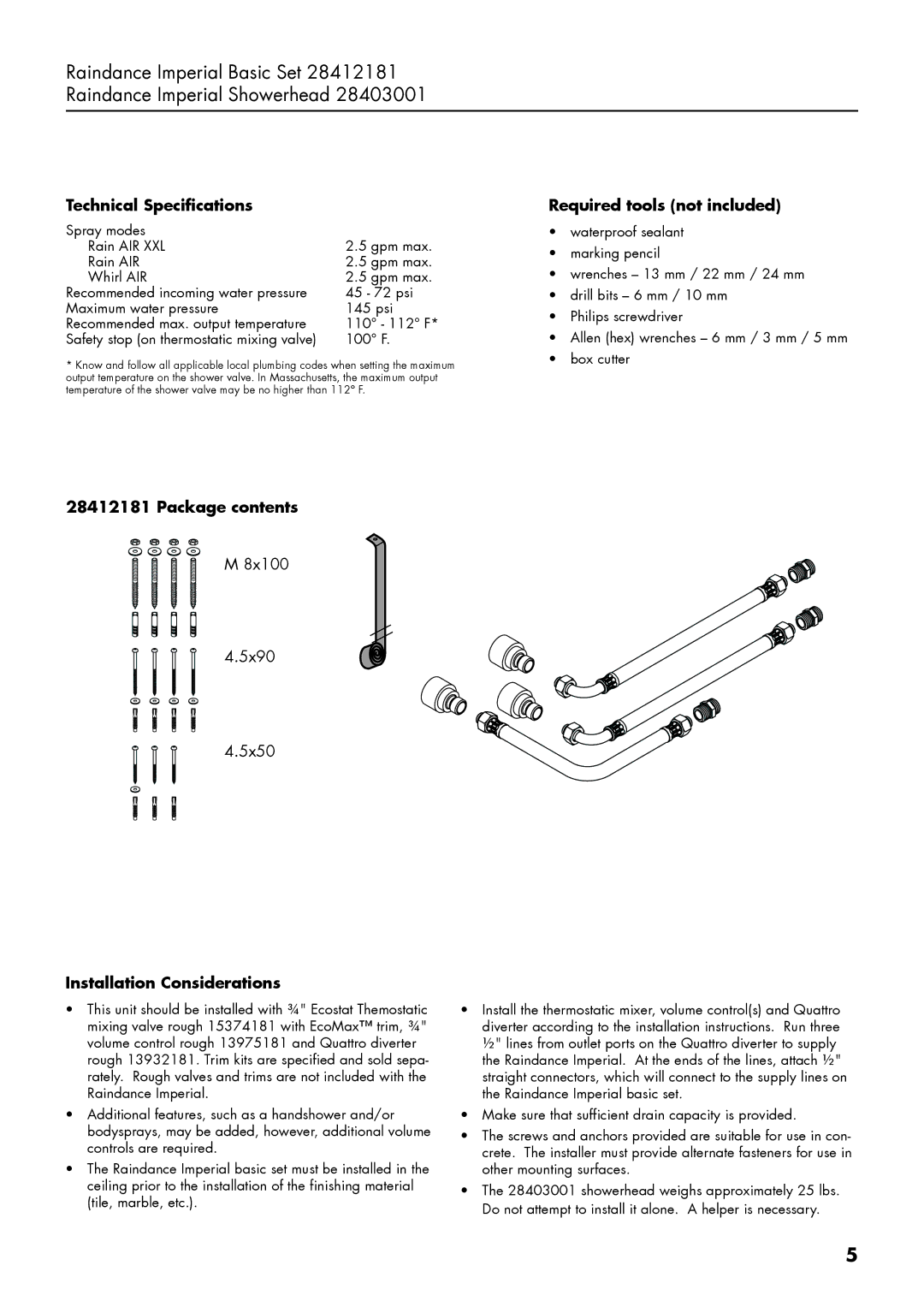 Axor 28412181 Technical Specifications, Required tools not included, Package contents, Installation Considerations 