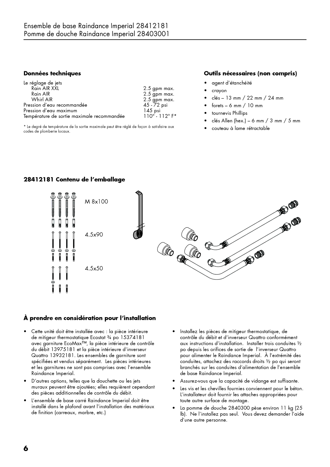 Axor 28403001, 28412181 installation instructions Données techniques, Outils nécessaires non compris, Contenu de l’emballage 