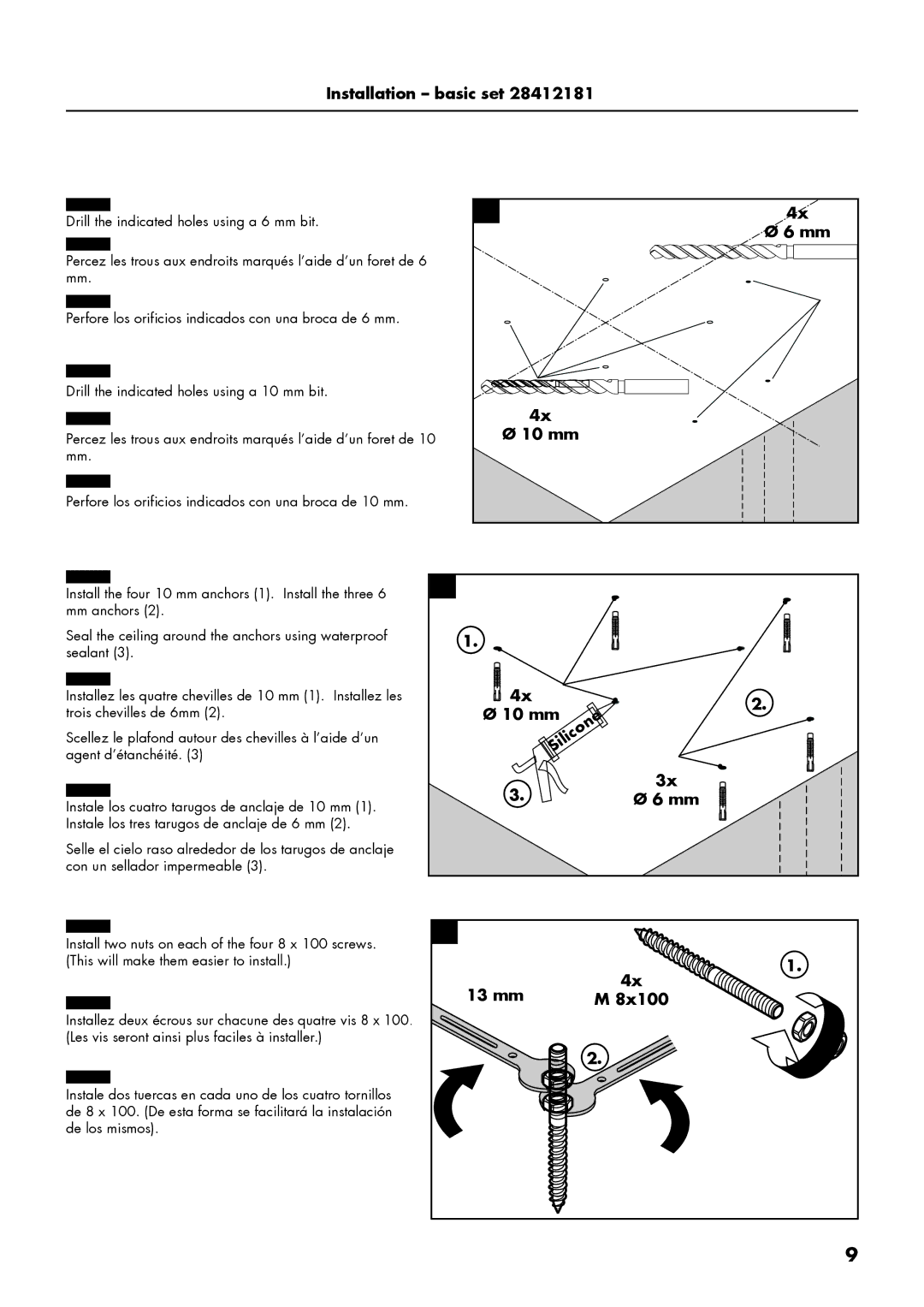 Axor 28412181, 28403001 installation instructions 10 mm, 13 mm 8x100 