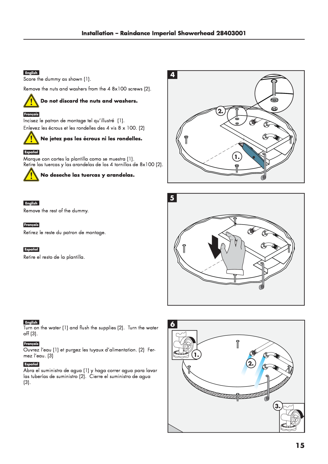 Axor 28412181, 28403001 Installation - Raindance Imperial Showerhead, Do not discard the nuts and washers 