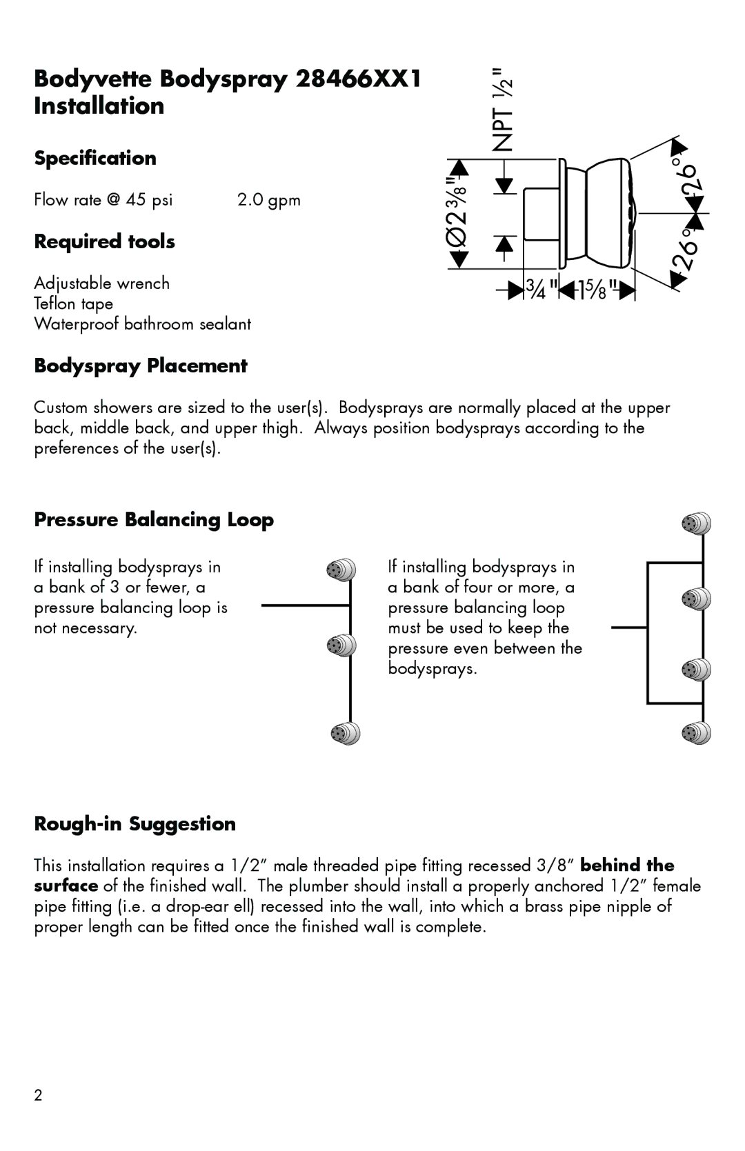 Axor 284466XX1 Specification, Required tools, Bodyspray Placement, Pressure Balancing Loop, Rough-in Suggestion 
