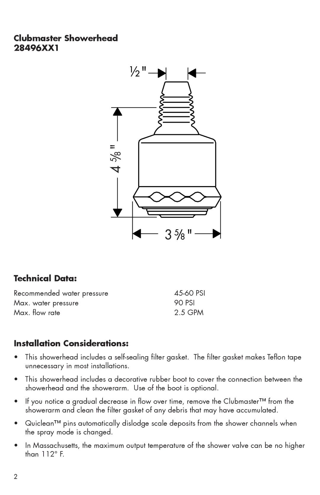 Axor 28496xx1 installation instructions Clubmaster Showerhead Technical Data, Installation Considerations 