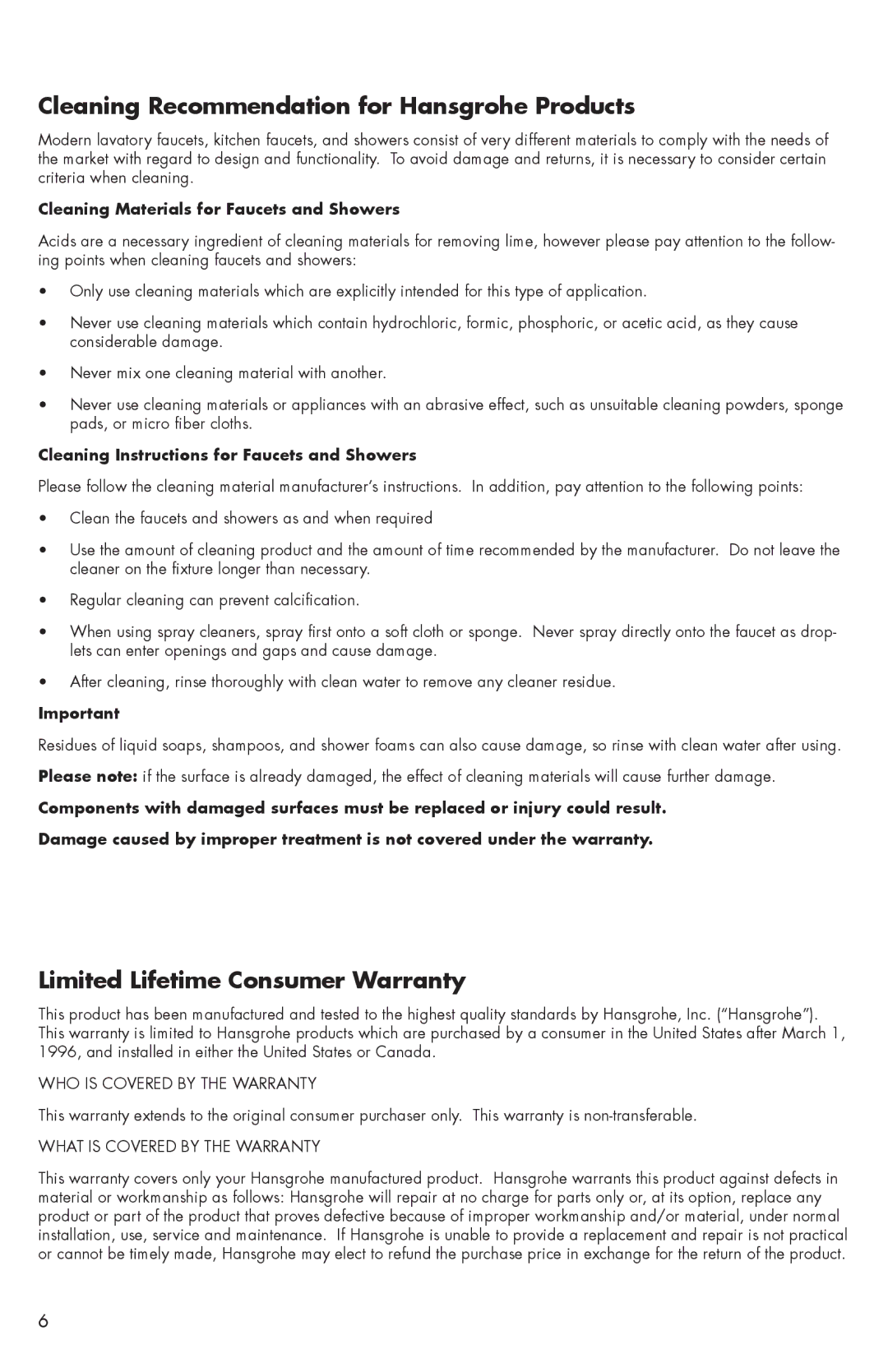 Axor 28496xx1 installation instructions Cleaning Recommendation for Hansgrohe Products, Limited Lifetime Consumer Warranty 