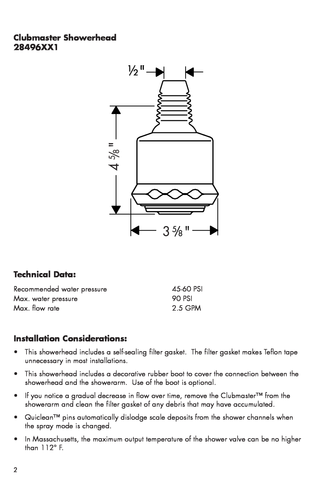 Axor 28496xx1 installation instructions Clubmaster Showerhead Technical Data, Installation Considerations 