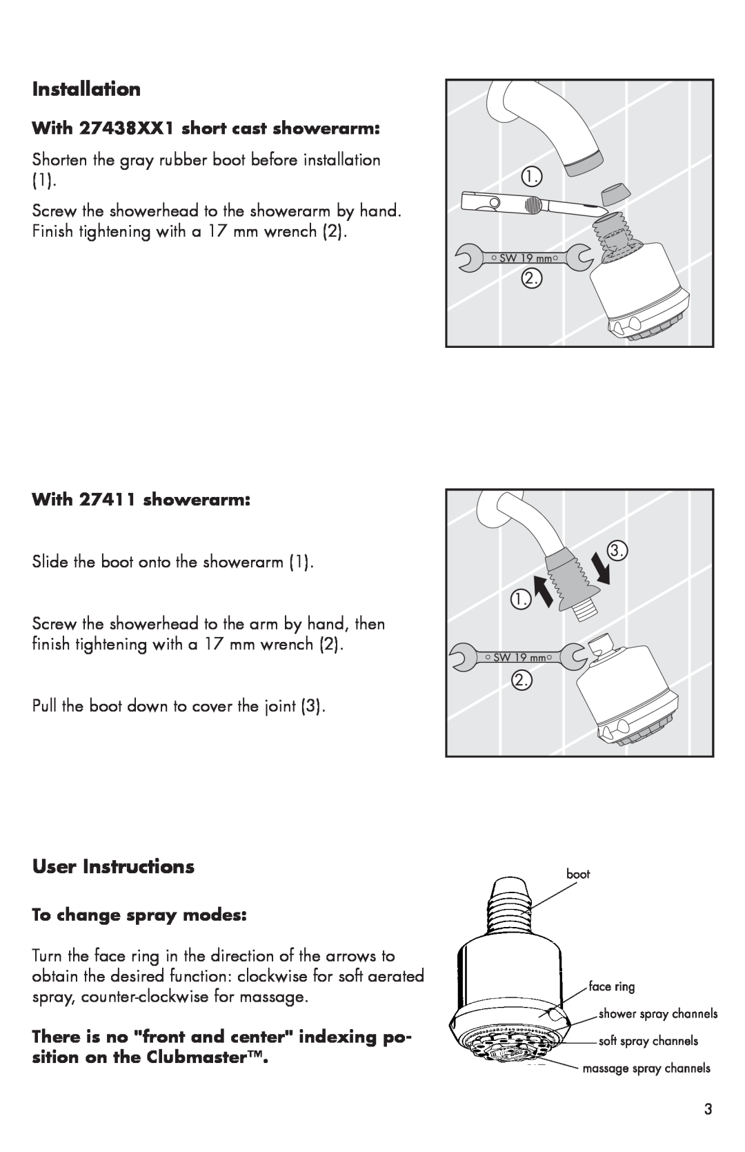 Axor 28496xx1 Installation, User Instructions, With 27438XX1 short cast showerarm, With 27411 showerarm 