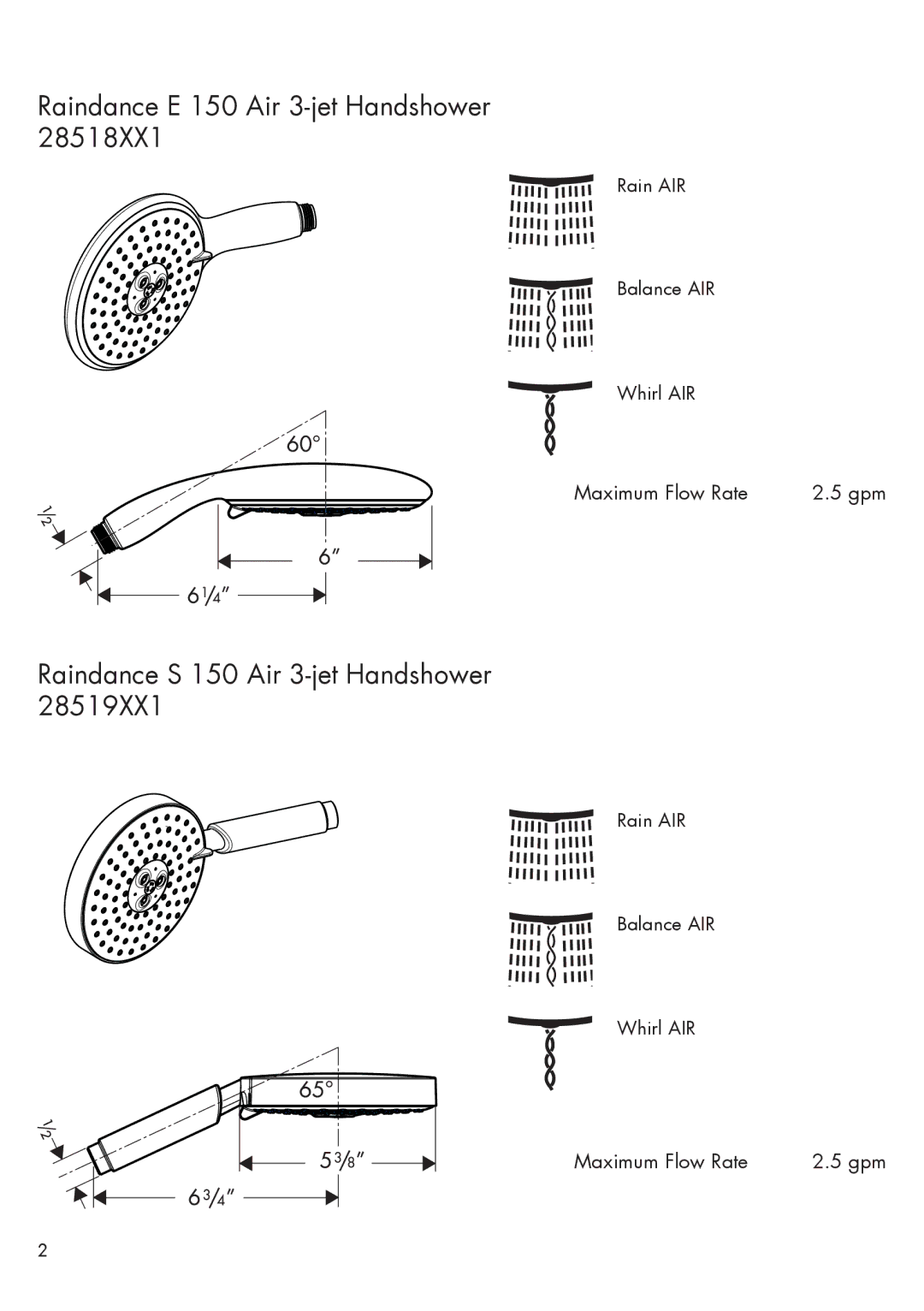 Axor 28519XX1, 28518XX1 installation instructions Raindance E 150 Air 3-jet Handshower 