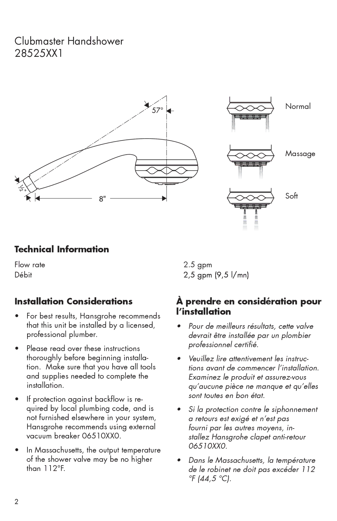 Axor 28525XX1 Technical Information, Installation Considerations, Prendre en considération pour l’installation 