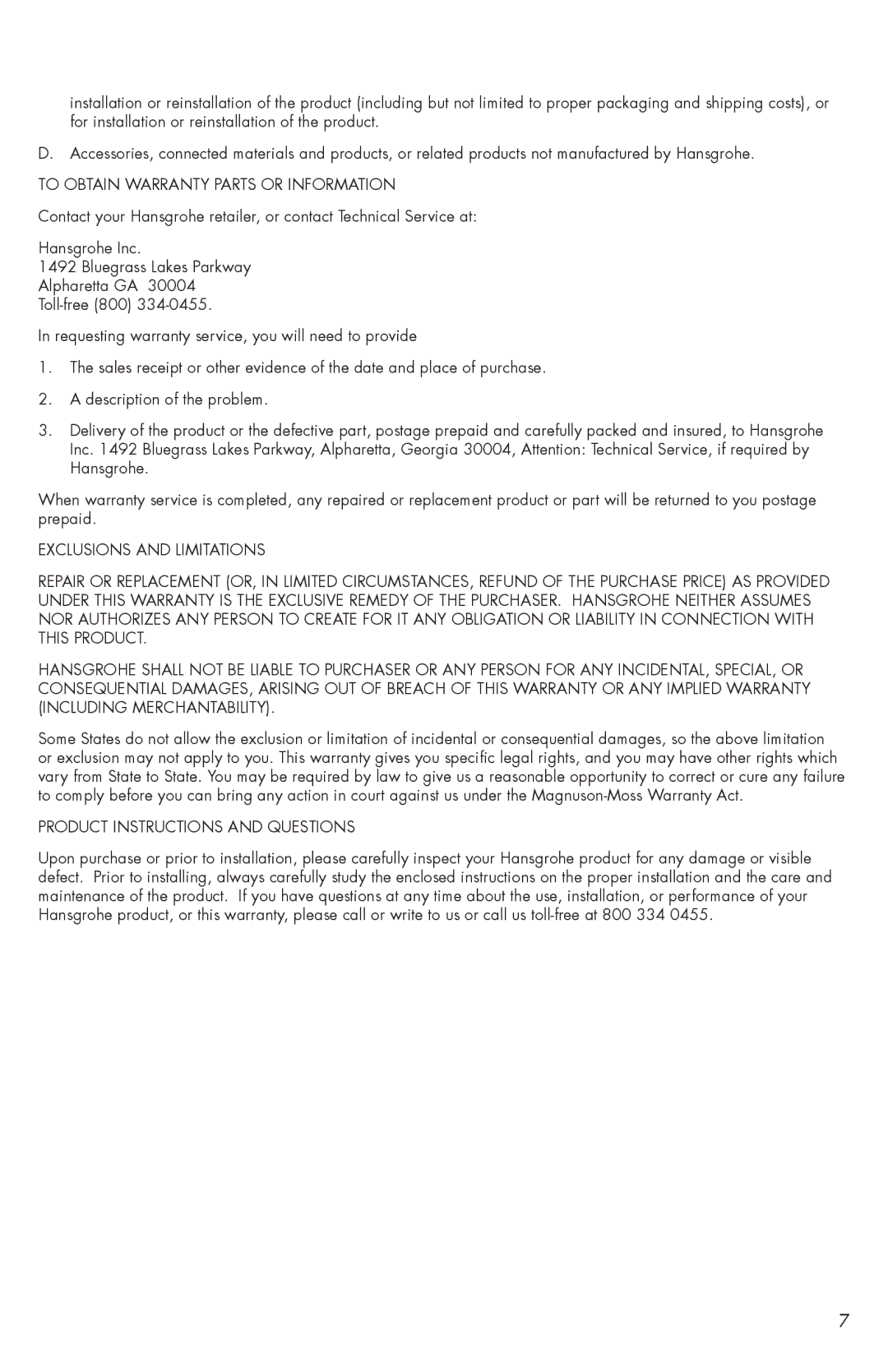 Axor 28525XX1 installation instructions To Obtain Warranty Parts or Information, Product Instructions and Questions 