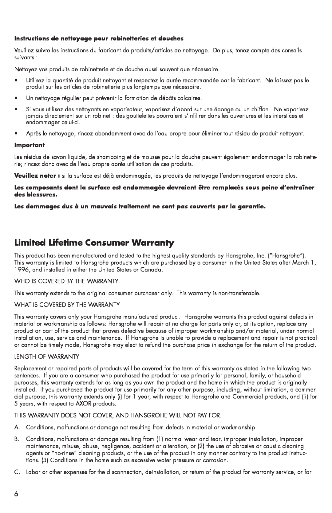 Axor 28525XX1 installation instructions Limited Lifetime Consumer Warranty 