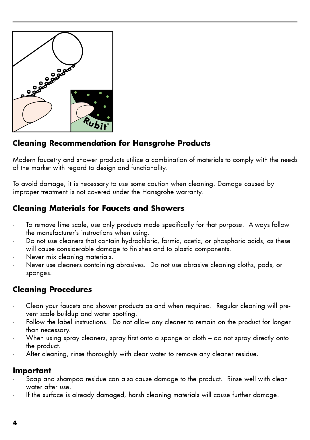 Axor 28531XX1, 28532XX1 installation instructions Cleaning Recommendation for Hansgrohe Products 