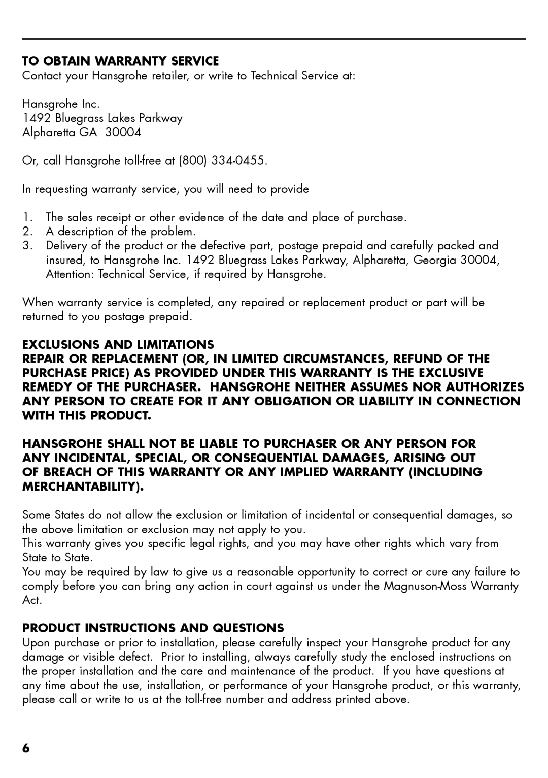 Axor 28531XX1, 28532XX1 installation instructions To Obtain Warranty Service, Product Instructions and Questions 