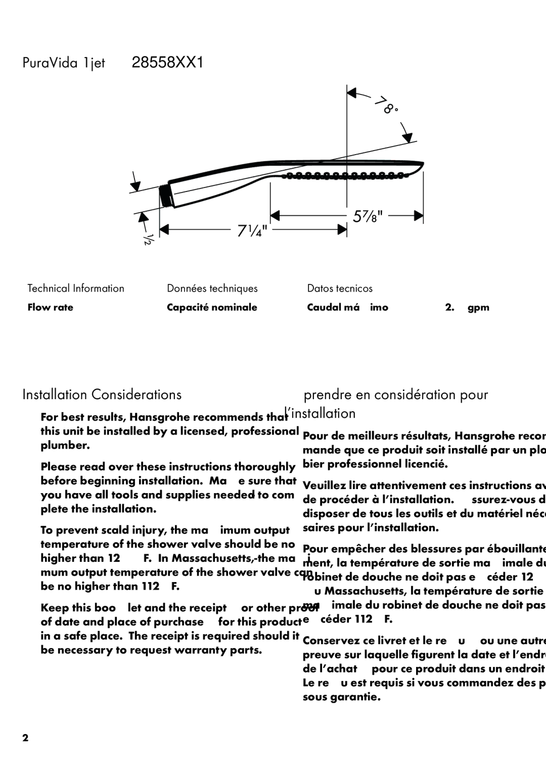 Axor 28558XX1 PuraVida 1jet, Installation Considerations, Prendre en considération pour l’installation 