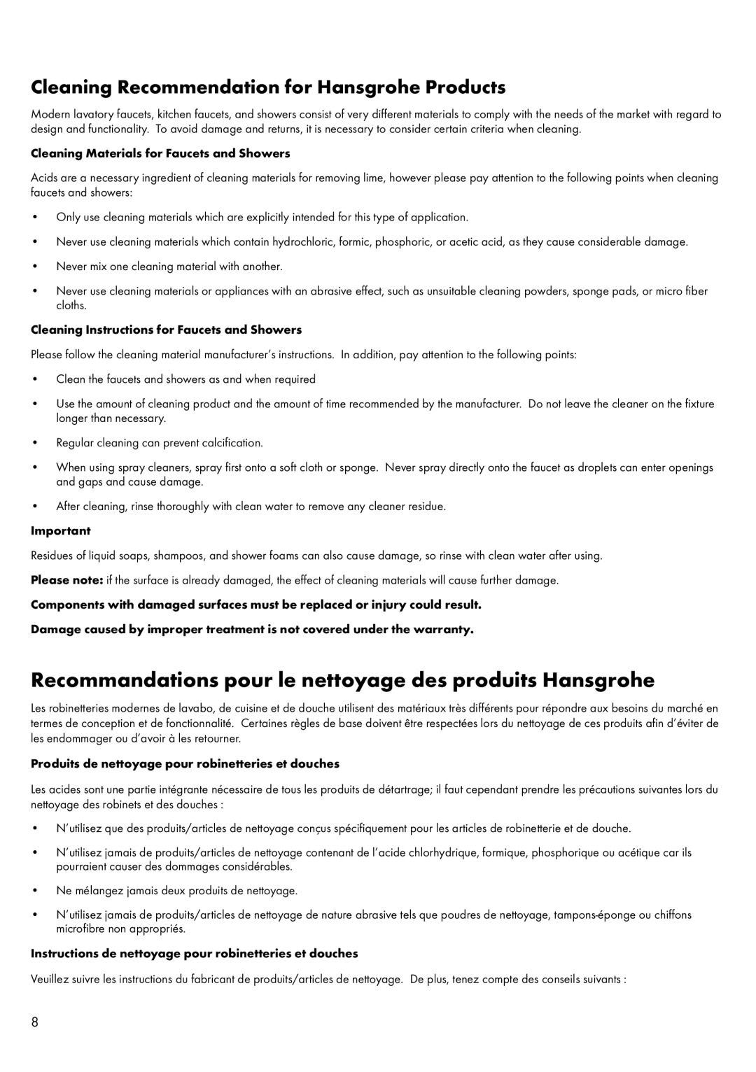 Axor 28558XX1 Recommandations pour le nettoyage des produits Hansgrohe, Cleaning Recommendation for Hansgrohe Products 