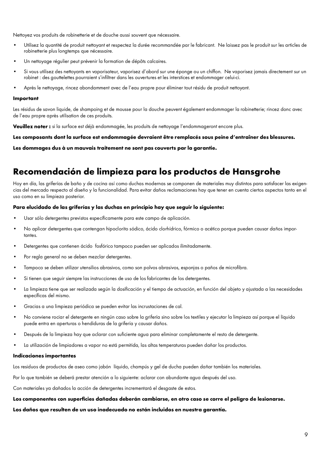 Axor 28558XX1 installation instructions Recomendación de limpieza para los productos de Hansgrohe 