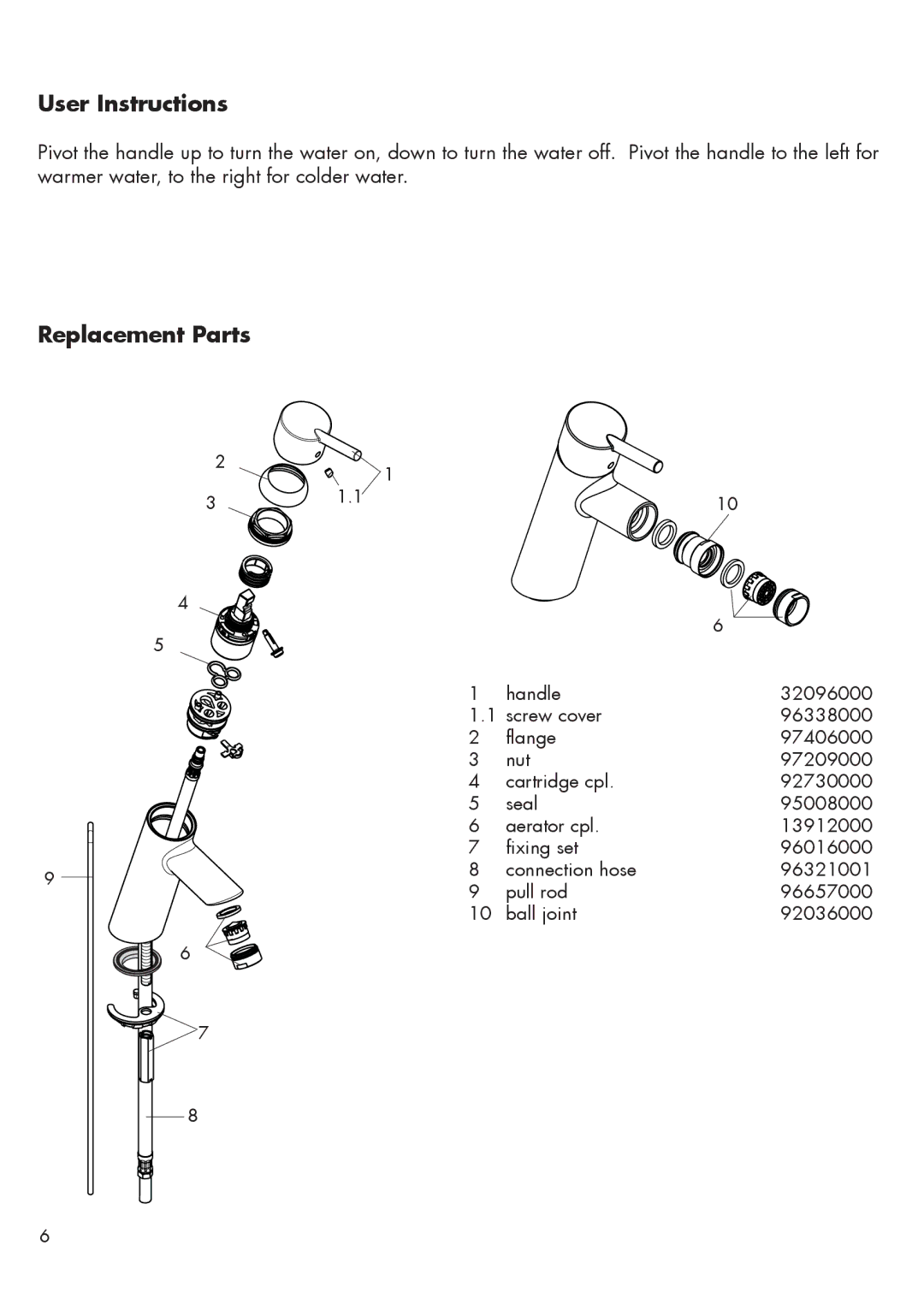 Axor 32040XX1, 32240XX1 installation instructions User Instructions, Replacement Parts 