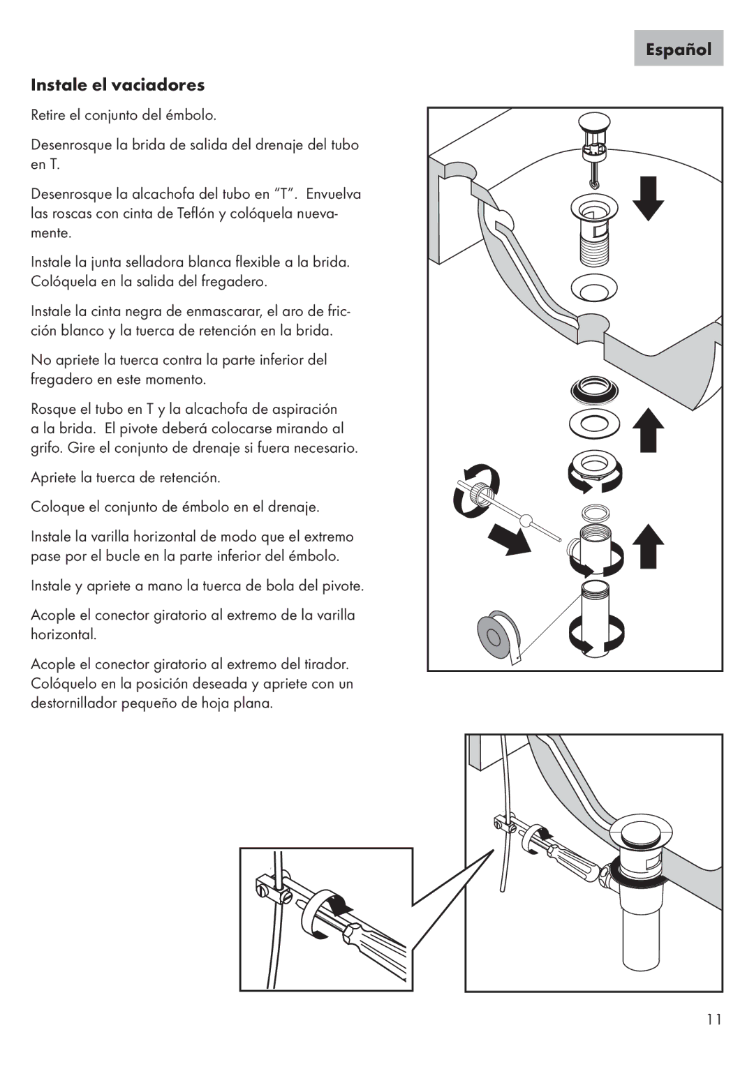 Axor 32073XX1, 32070XX1 installation instructions Instale el vaciadores, Español 