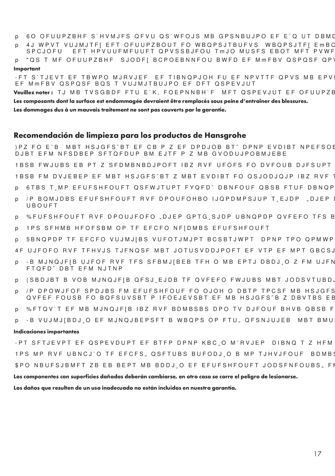 Axor 32073XX1, 32070XX1 installation instructions Recomendación de limpieza para los productos de Hansgrohe 