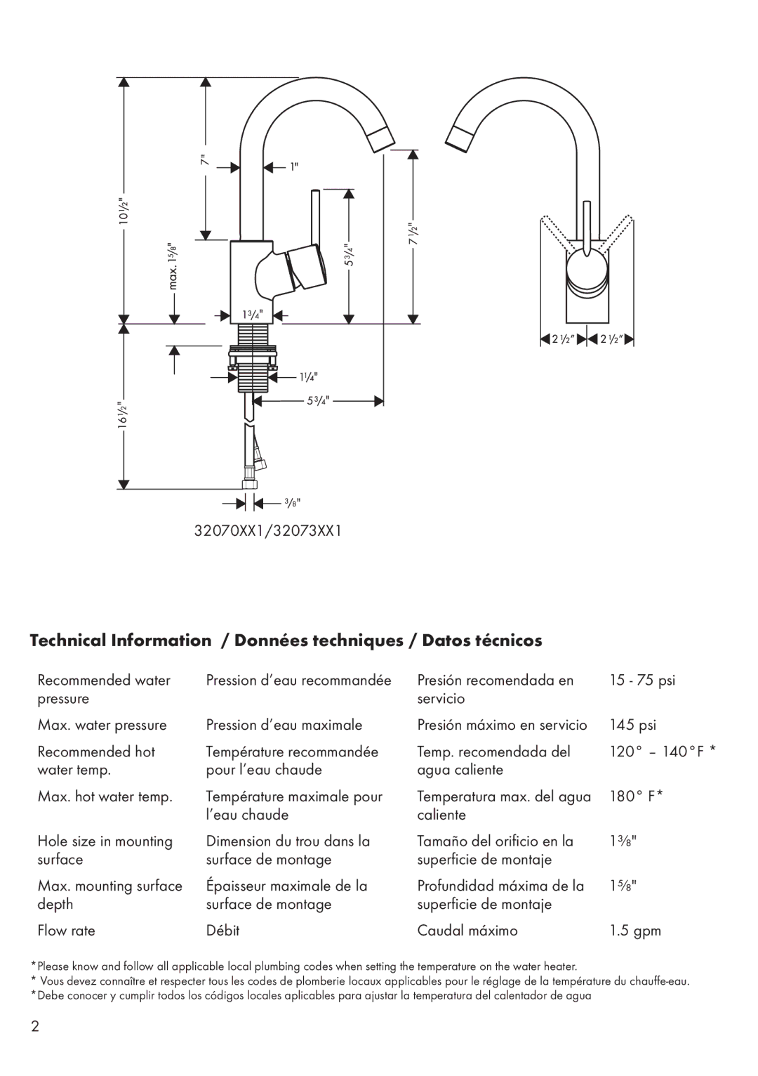 Axor 32070XX1, 32073XX1 installation instructions Technical Information / Données techniques / Datos técnicos 