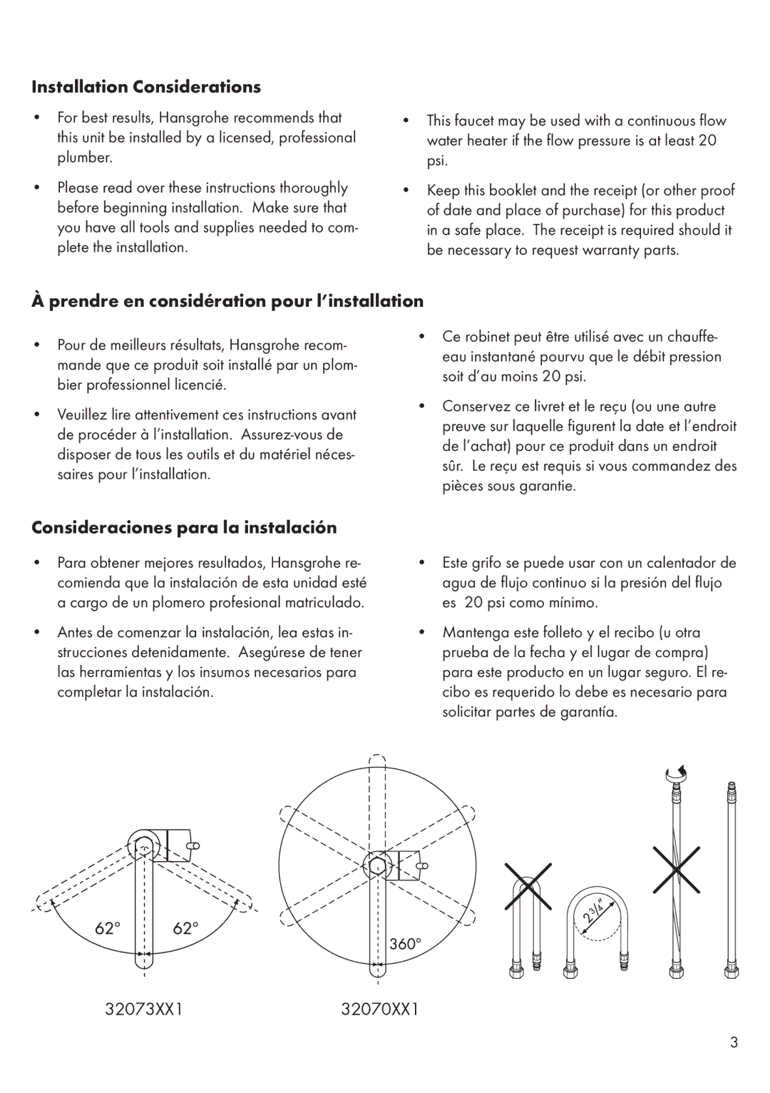 Axor 32073XX1, 32070XX1 installation instructions Installation Considerations, Prendre en considération pour l’installation 