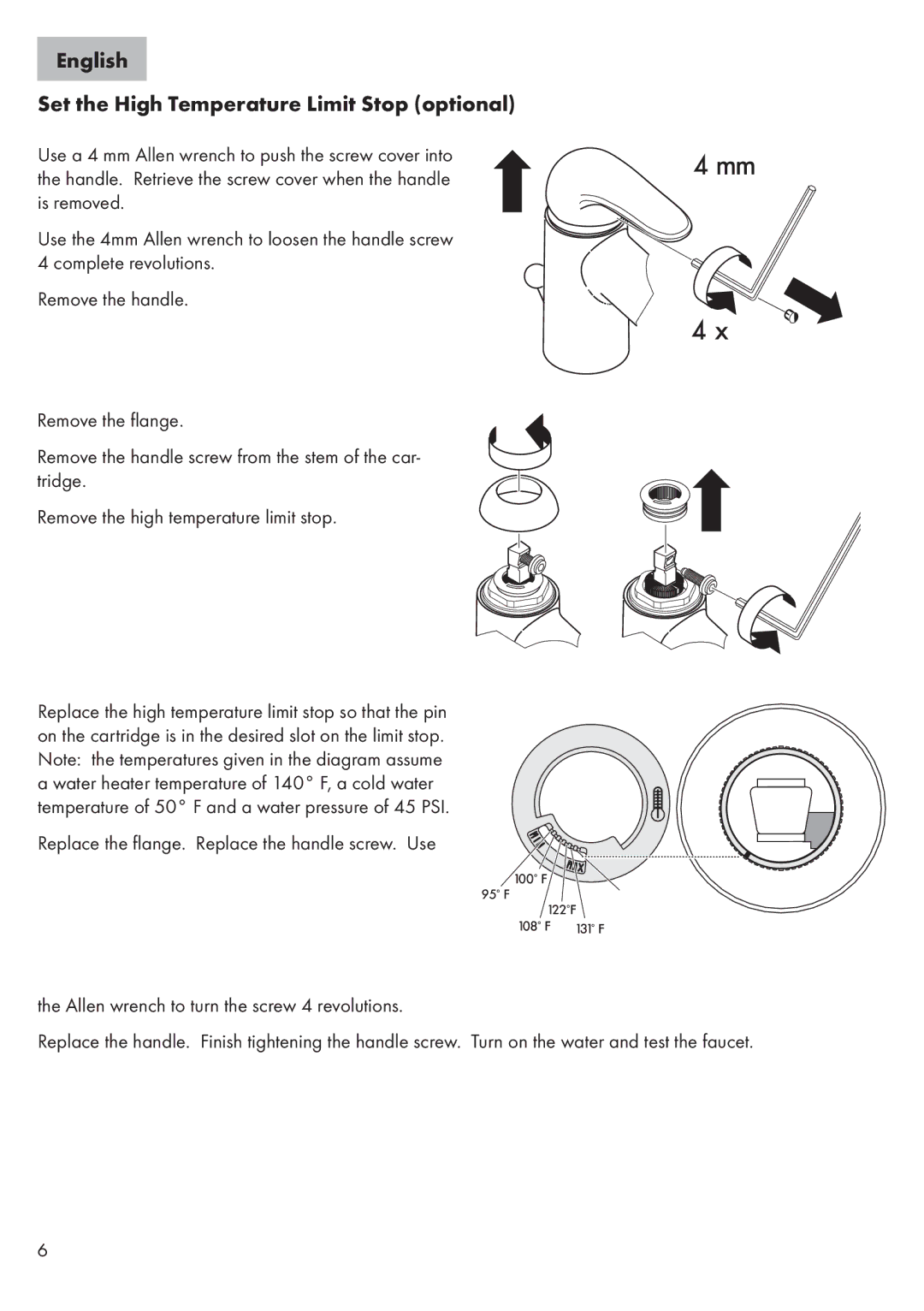 Axor 32070XX1, 32073XX1 installation instructions English Set the High Temperature Limit Stop optional 